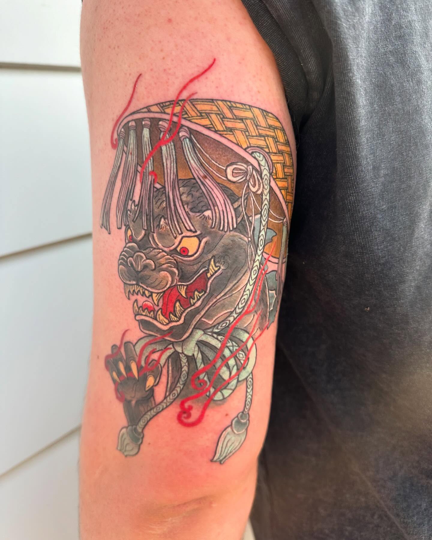 Demon mask japanese irezumi tattoo on the forearm by Cassandra Rasper-Beard