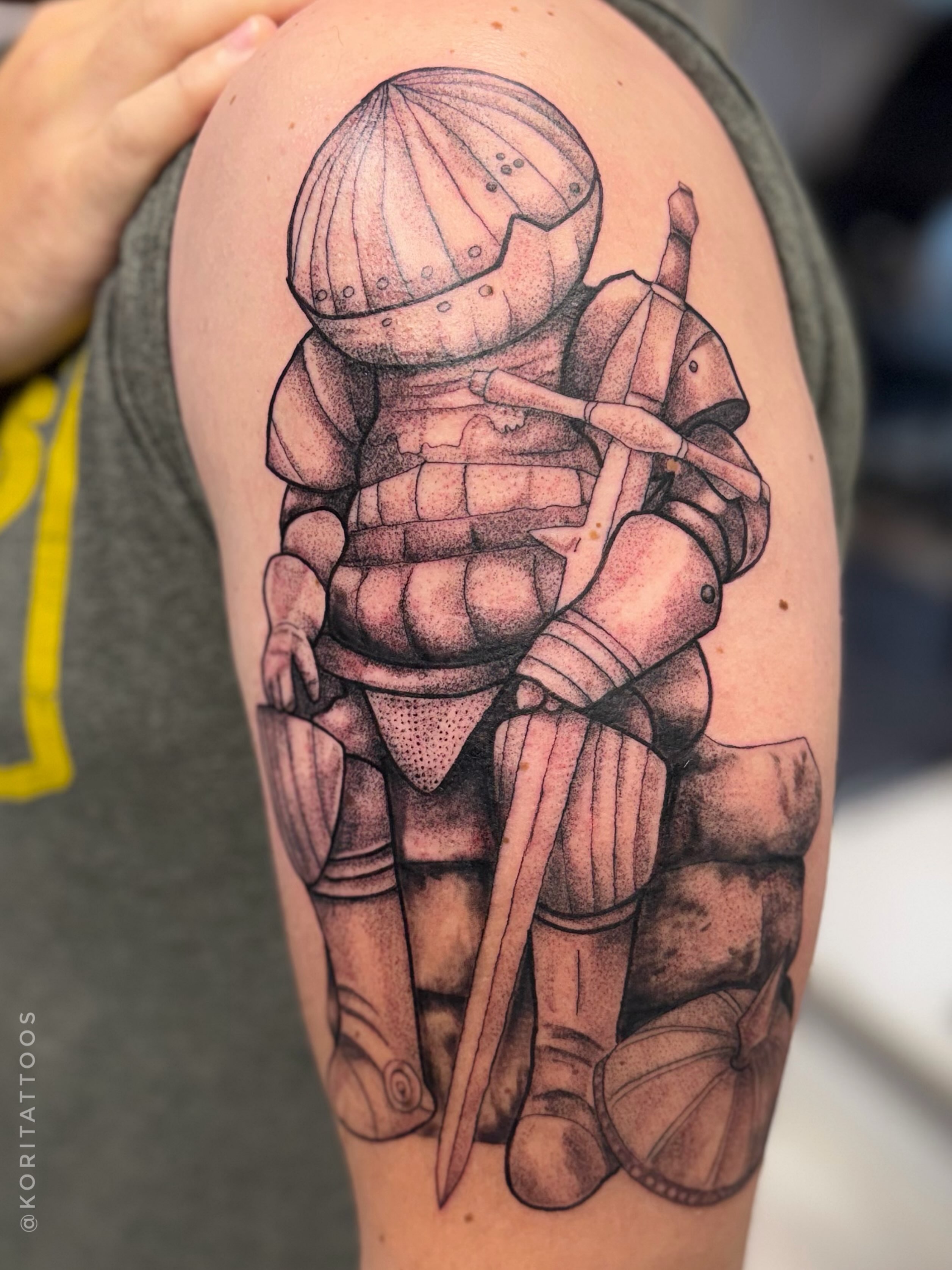 Medieval knight realism tattoo on the forearm by Kori Millhimes
