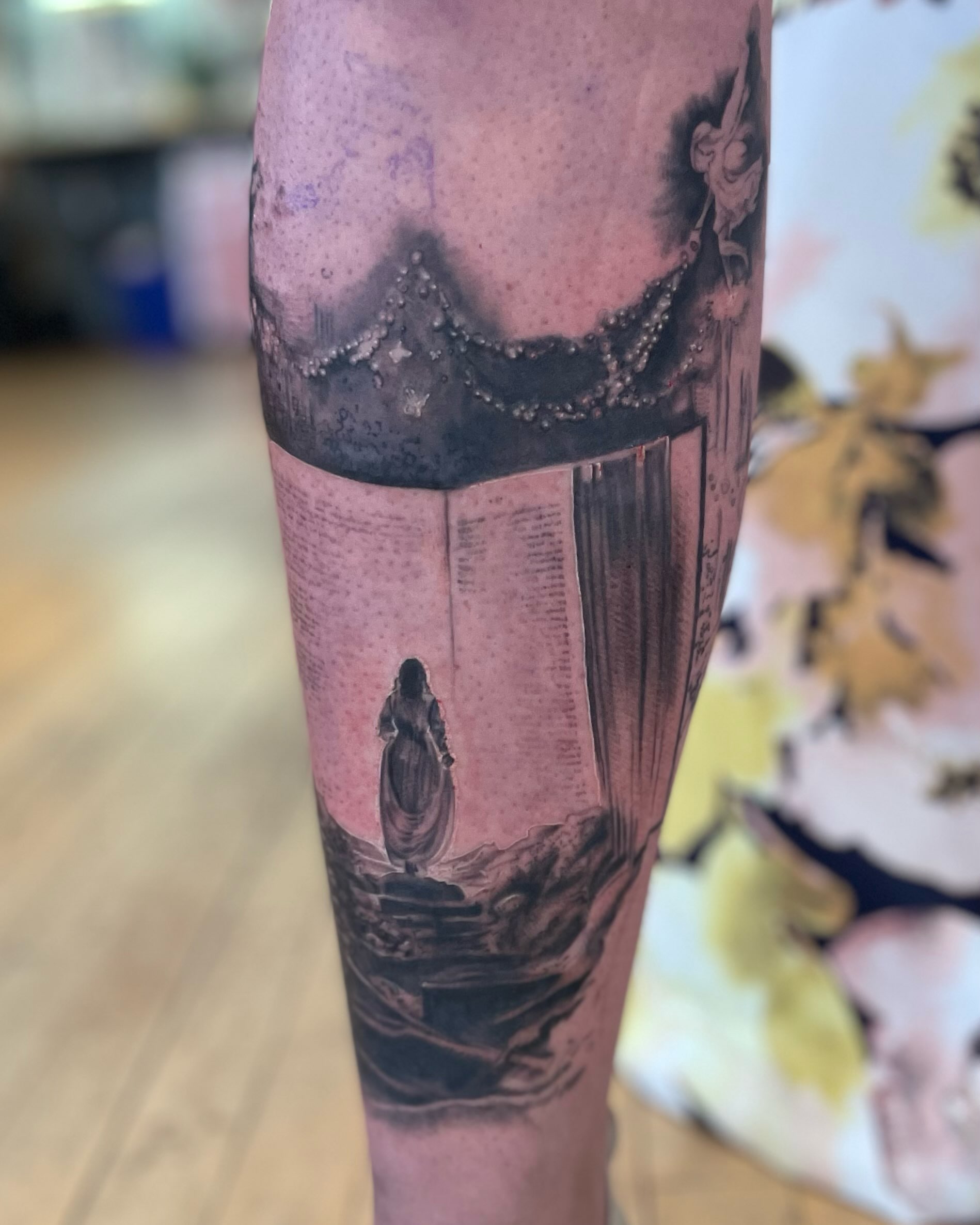 Woman standing realism tattoo on the forearm by paige  l  ink shrink tattoo