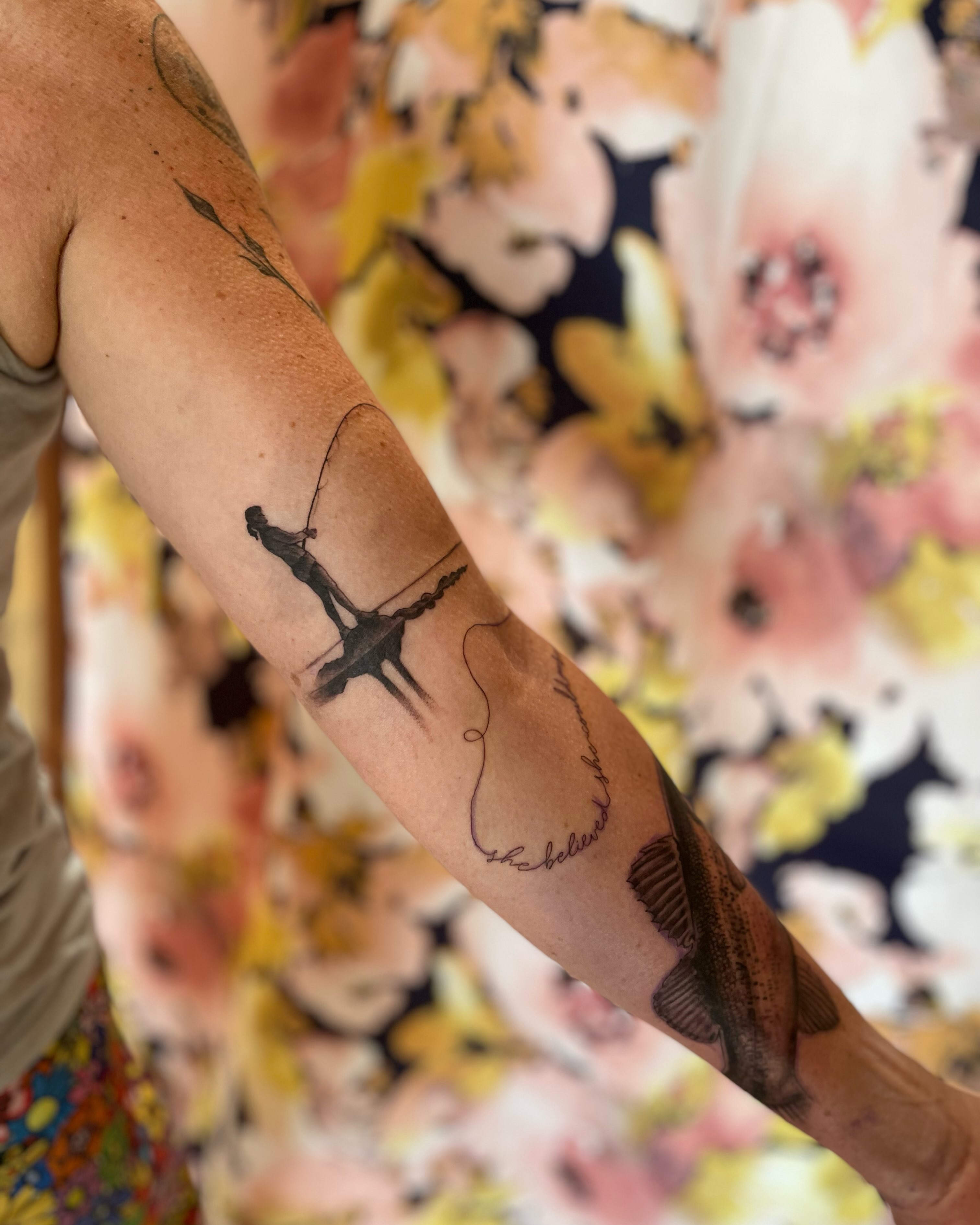 Fishing scene black and grey tattoo on the forearm by paige  l  ink shrink tattoo