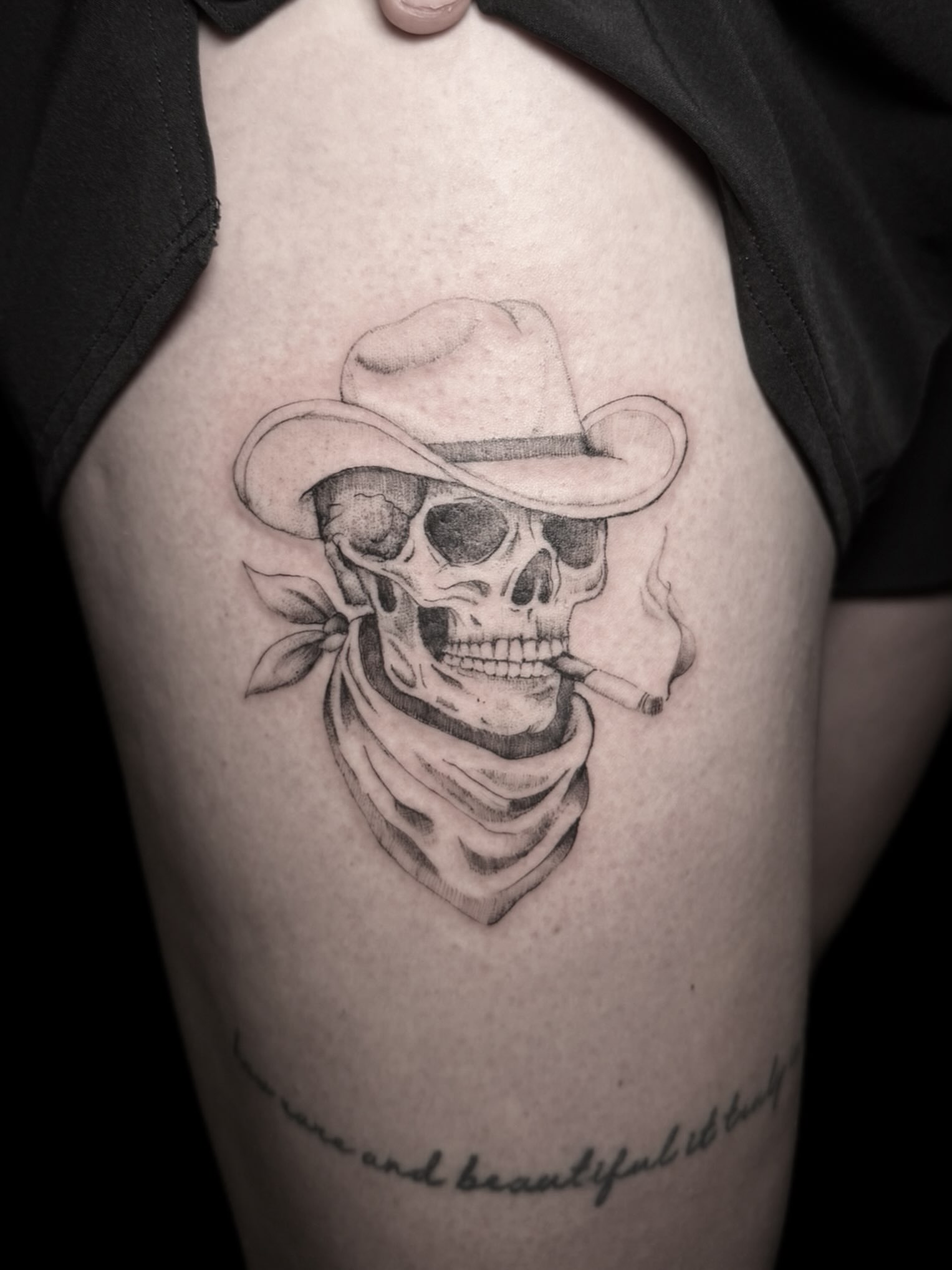 Cowboy skull realism tattoo on the thigh by Rachel Hanke