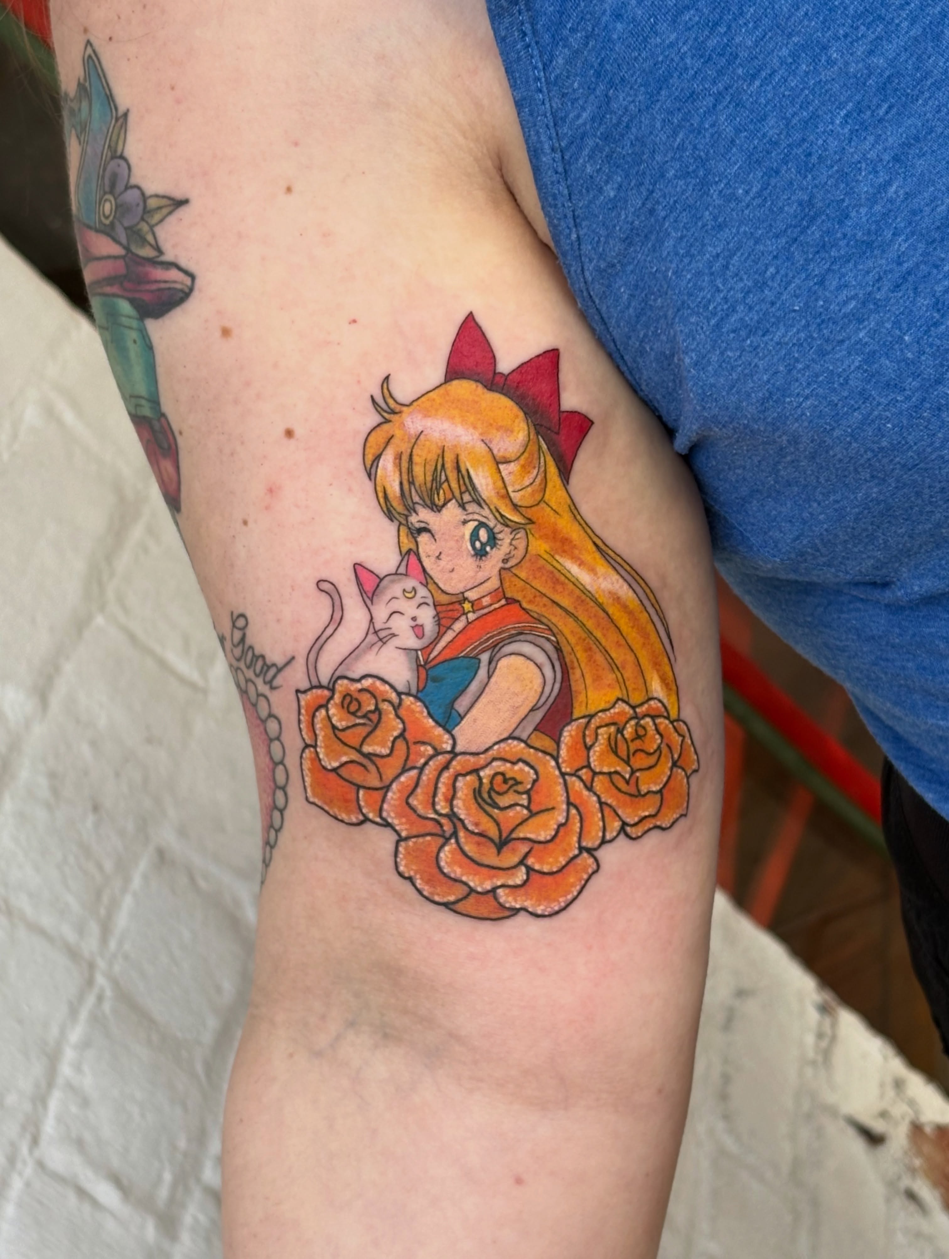 Anime character with cat anime tattoo on the forearm by ✨Dani Jackson✨, New Orleans, Louisiana