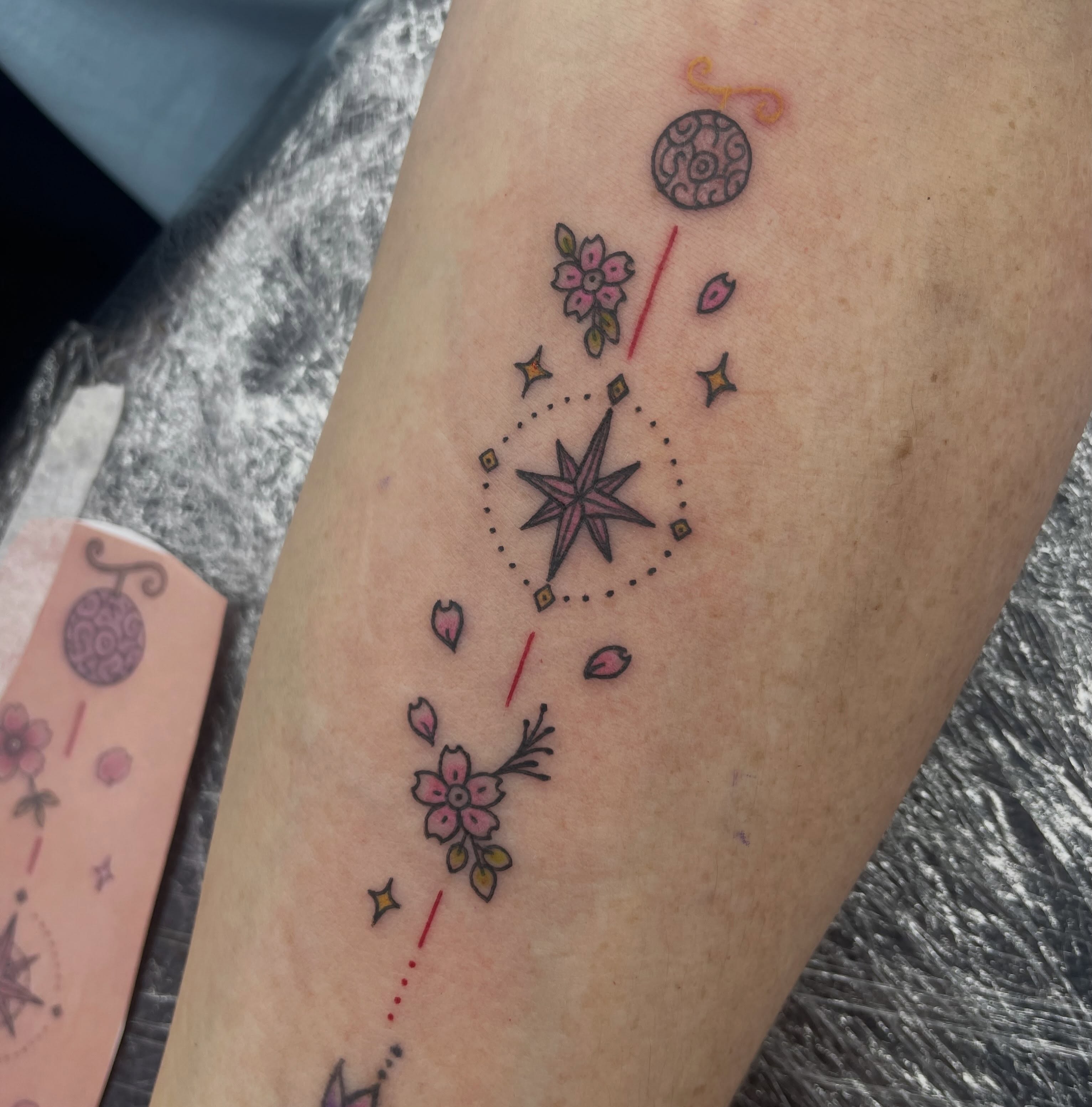 Compass and flowers geometric tattoo on the forearm by elly, Oakham