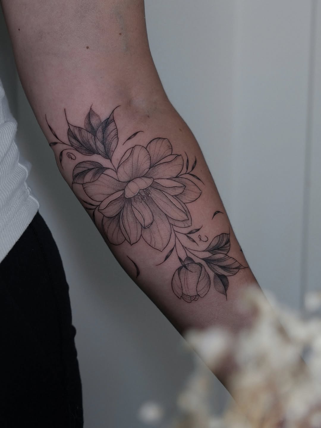 Tattoo by @whiskeyink.byhaley — fine_line, black_and_grey