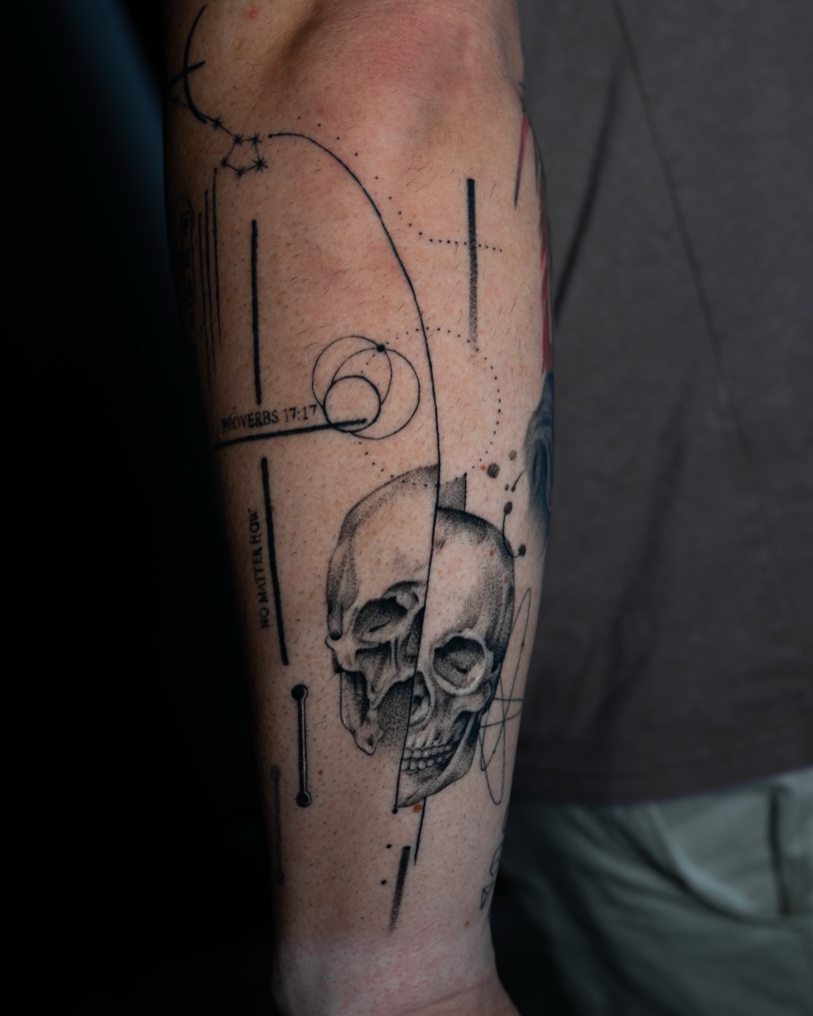 Skull dotwork tattoo on the forearm by Tattoo Artist