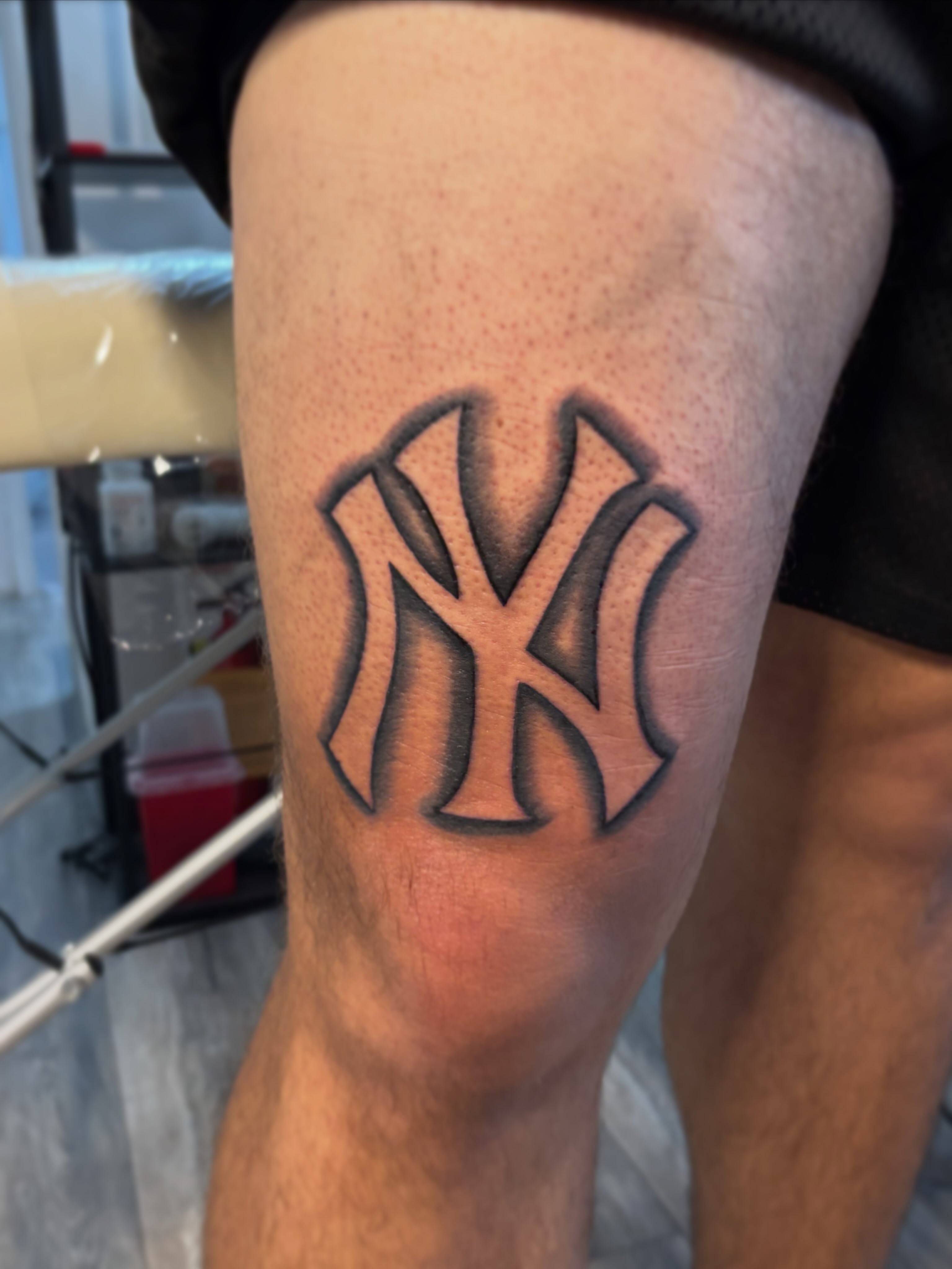 New york yankees logo black and grey tattoo on the leg by Comic-Book-M πͺβπ½π₯