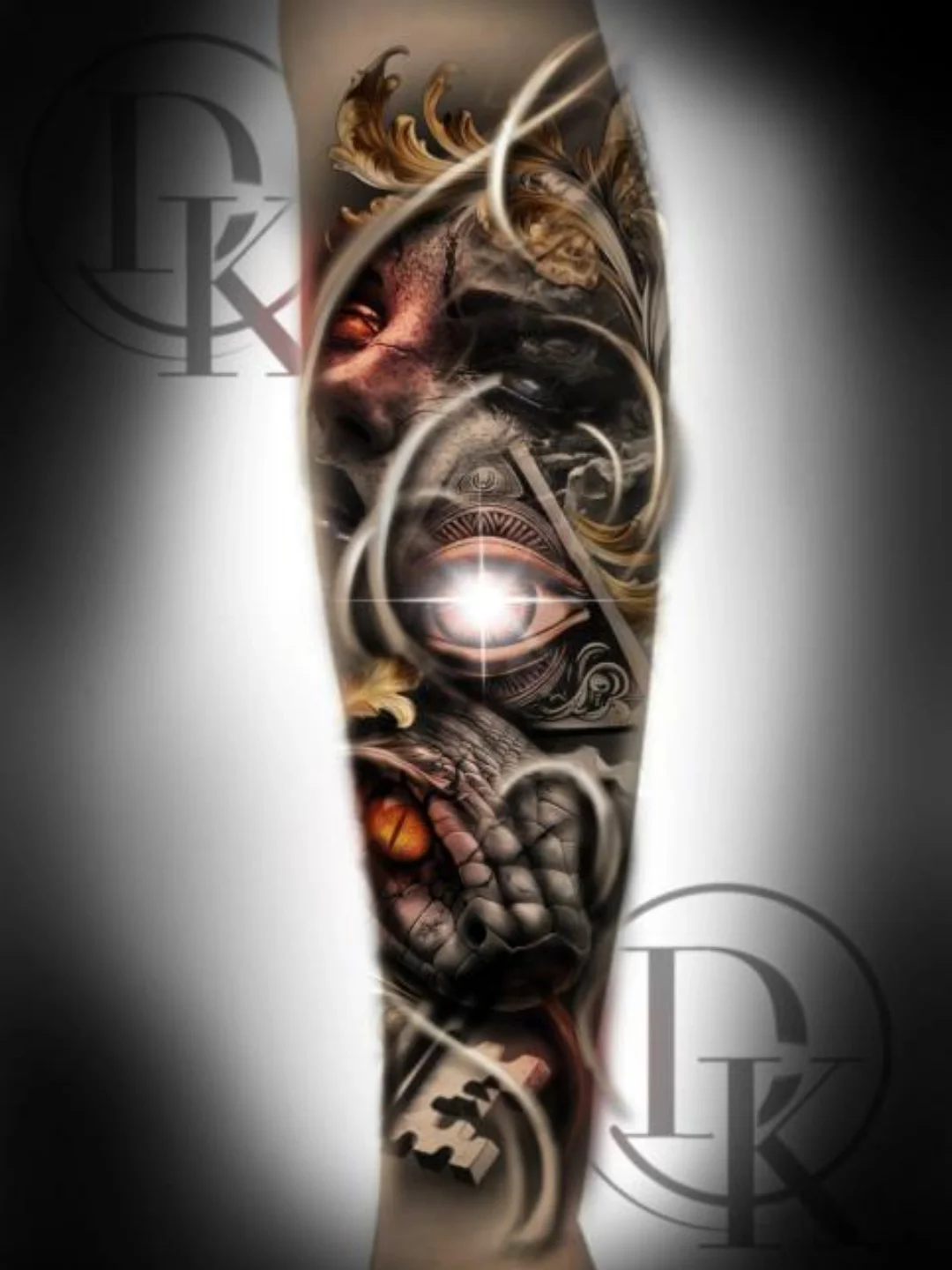 Dragon and eye dark realism tattoo on the forearm by Drew King