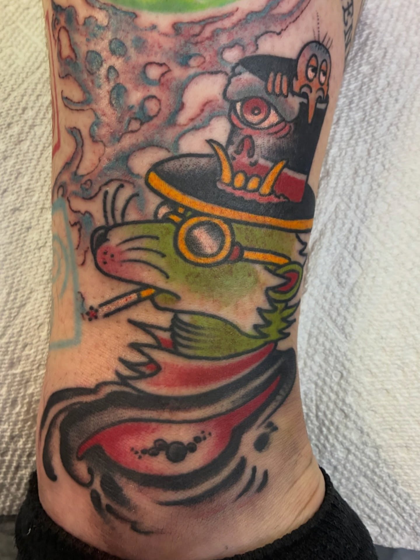 Frog smoking American traditional tattoo on the forearm by Joey Knuckles