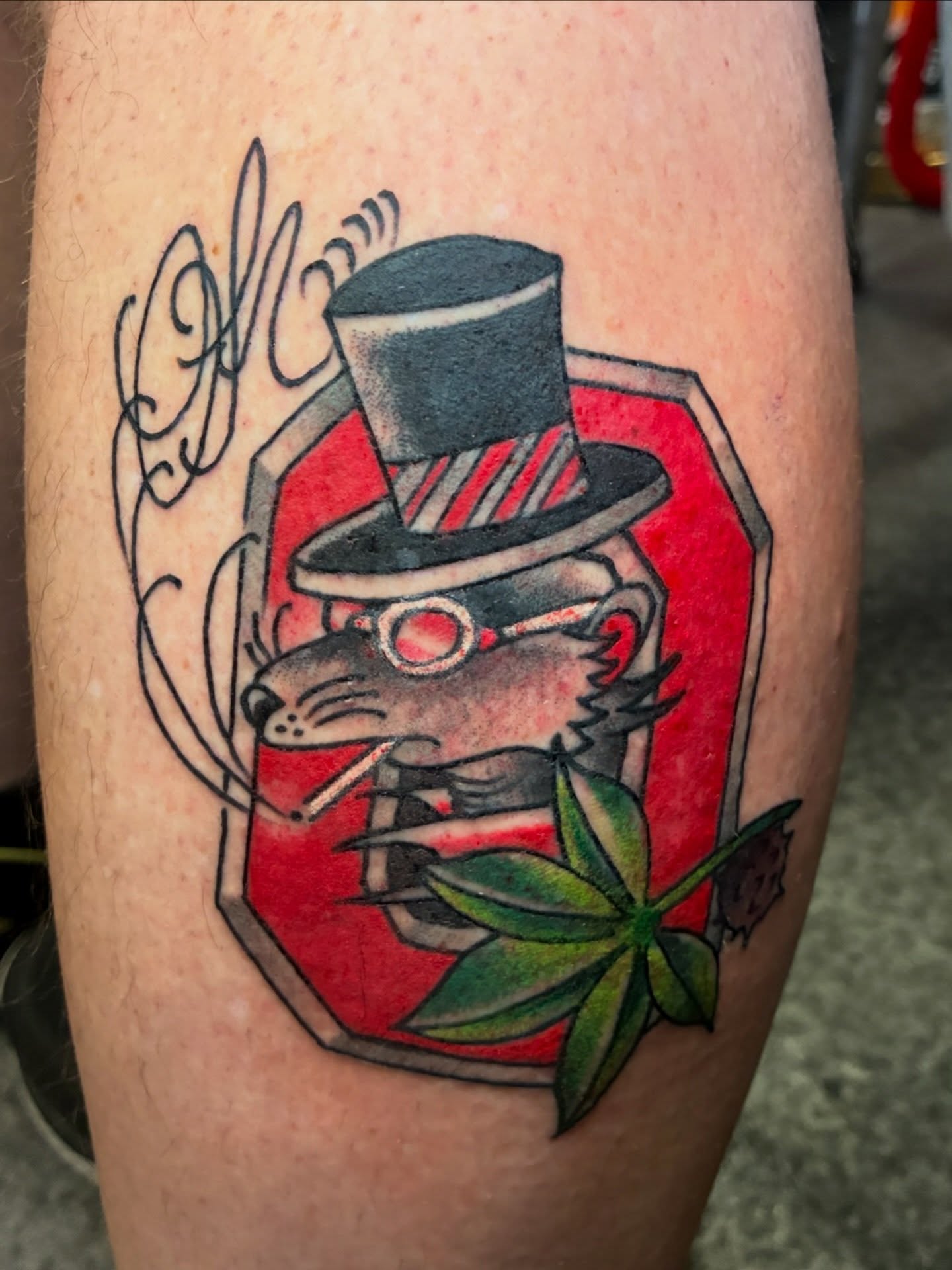 Rat smoking American traditional tattoo on the thigh by Joey Knuckles