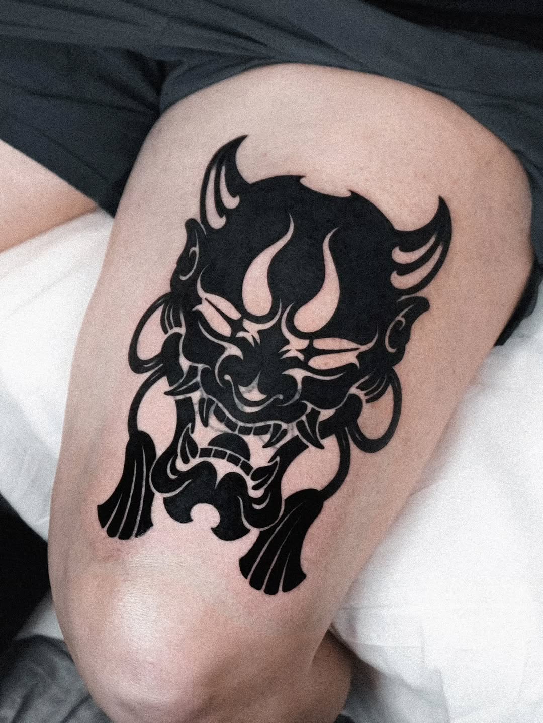 Hannya mask Japanese tattoo on the thigh by Jeremy "Jerms" Camposanto