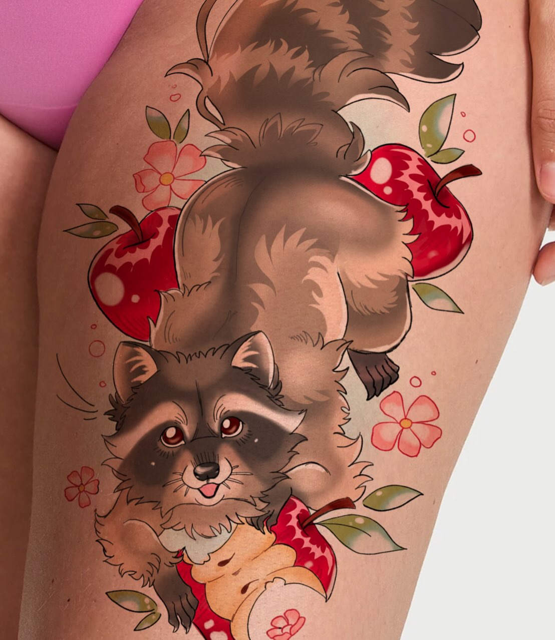 Raccoon and apples new school tattoo on the thigh by ✦ Louie ✦, Sterling Heights, Michigan