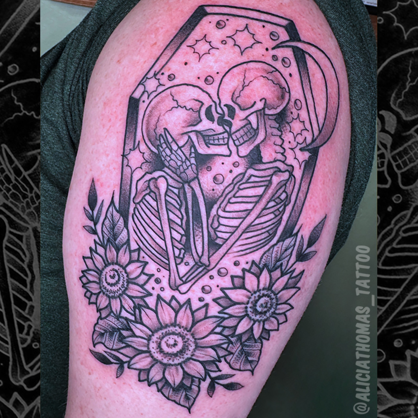 Skeleton couple with sunflowers realism tattoo on the upper arm by 𝖆𝖑𝖎𝖈𝖎𝖆 𝖙𝖍𝖔𝖒𝖆𝖘