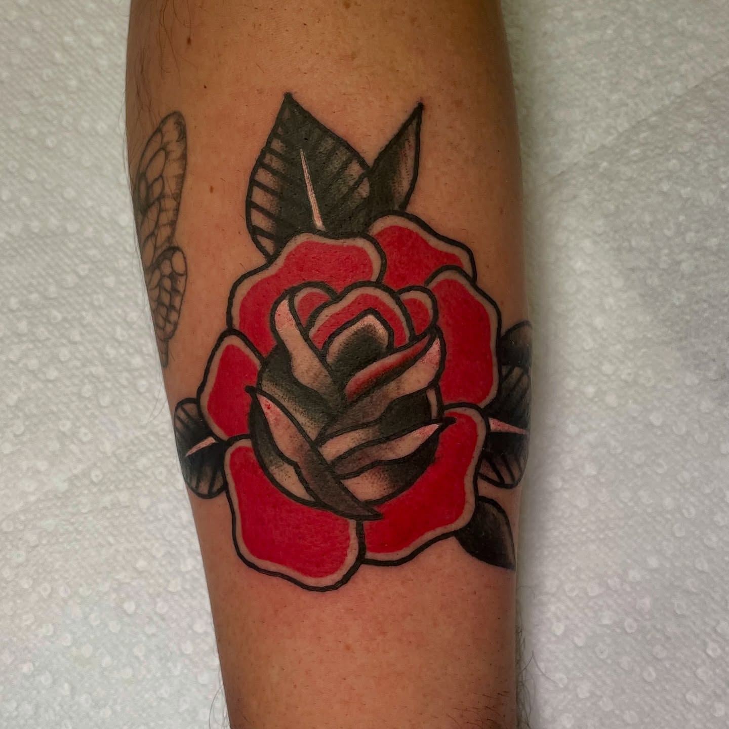Red rose American traditional tattoo on the forearm by Robert Morrow