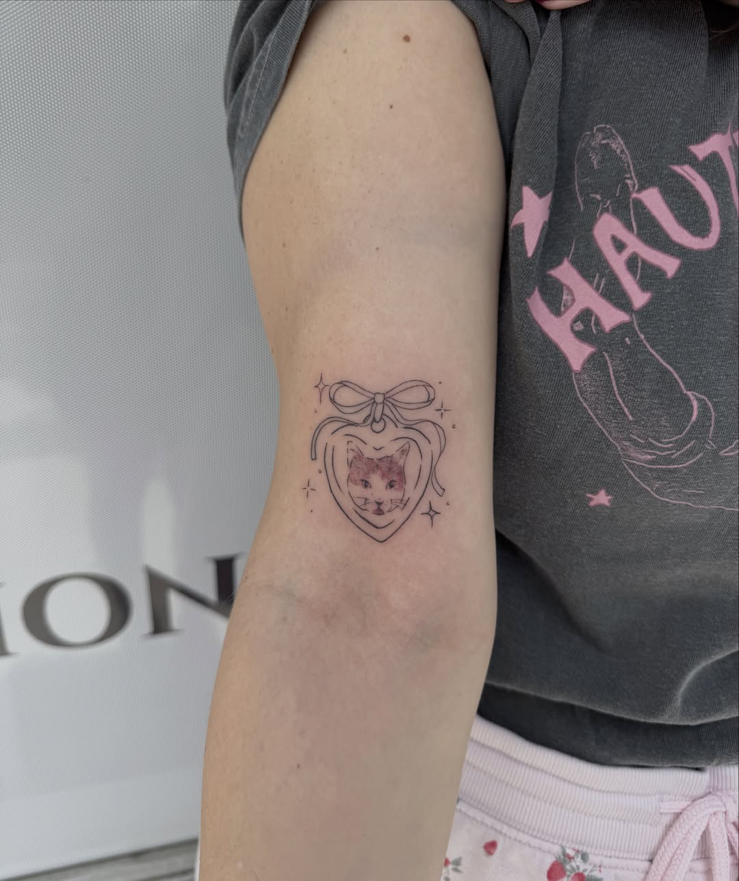 Cat in heart fine line tattoo on the forearm by : *✧･ﾟ:* camryn  *:･ﾟ✧: