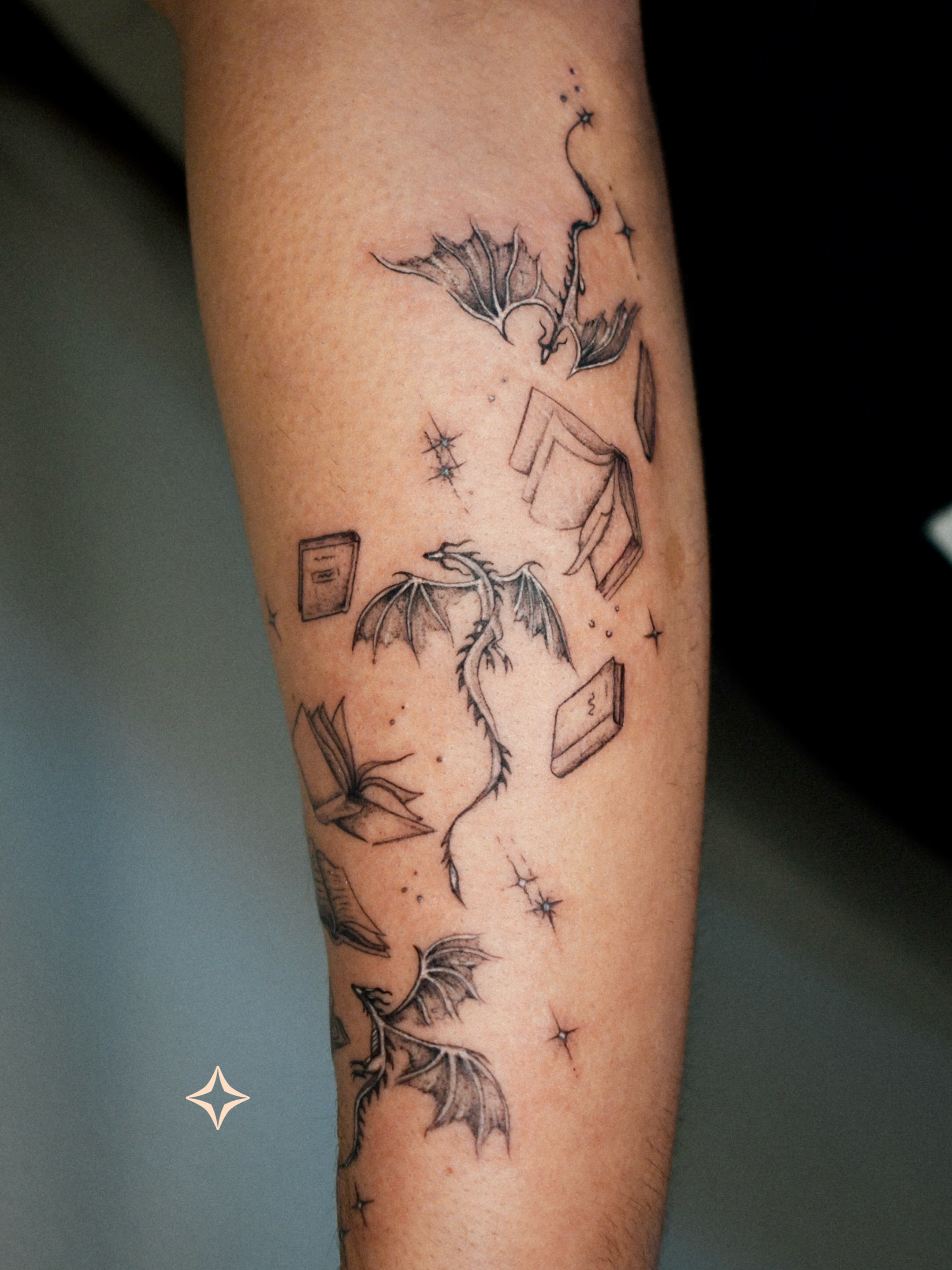 Book dragon dotwork tattoo on the forearm by 𝐇𝐚𝐫𝐩𝐞𝐫