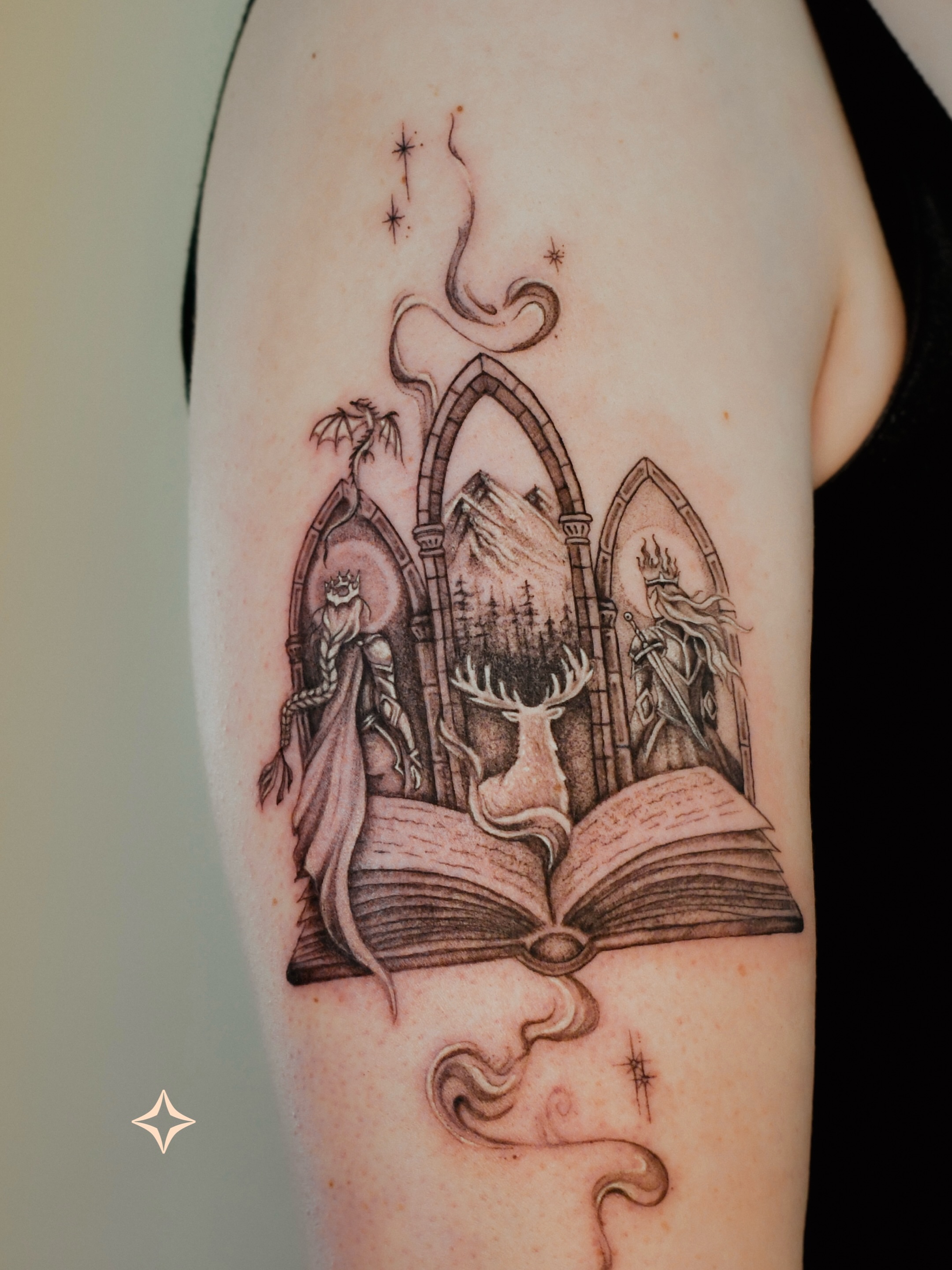 Open book with figures realism tattoo on the forearm by 𝐇𝐚𝐫𝐩𝐞𝐫
