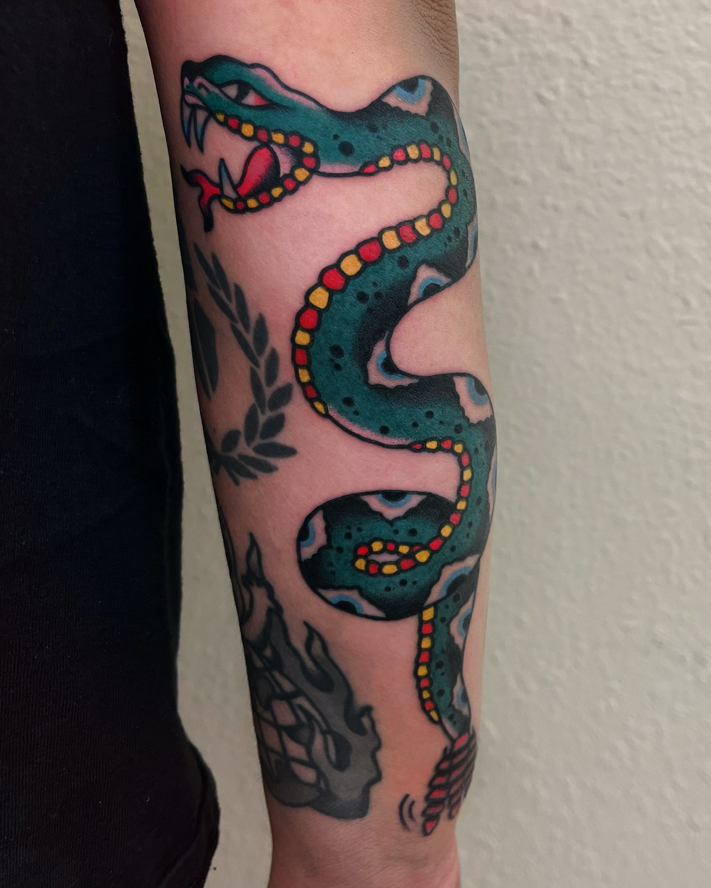 Snake American traditional tattoo on the forearm by Tattoo Dust ☻ Los Angeles