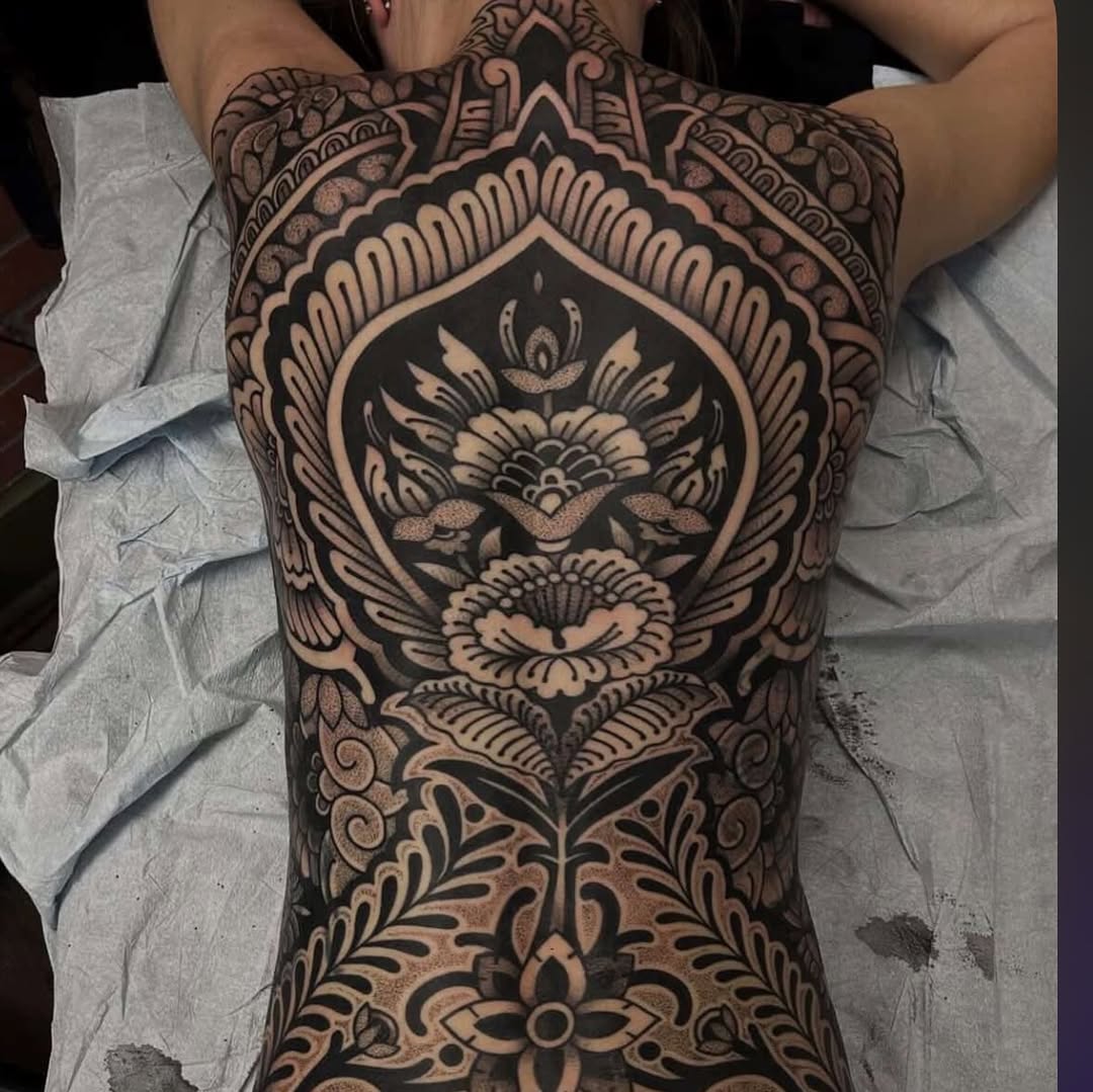 Full back ornamental pattern tribal tattoo on the back by Pat Moser