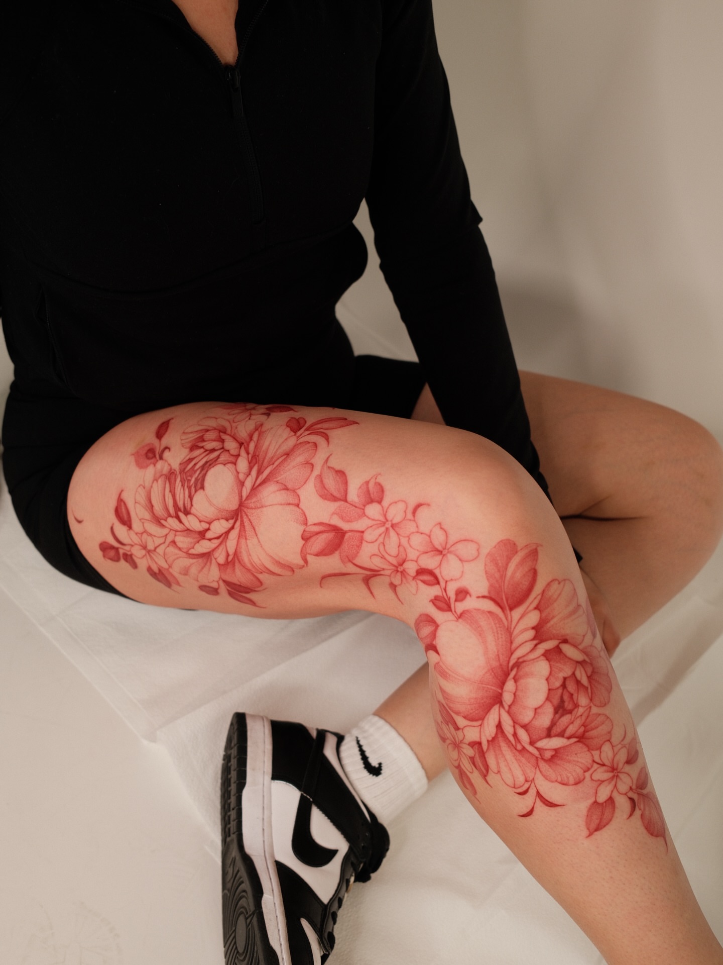 Floral realism tattoo on the thigh by LORIE π€ Floral Tattoo Artist, Los Angeles, California