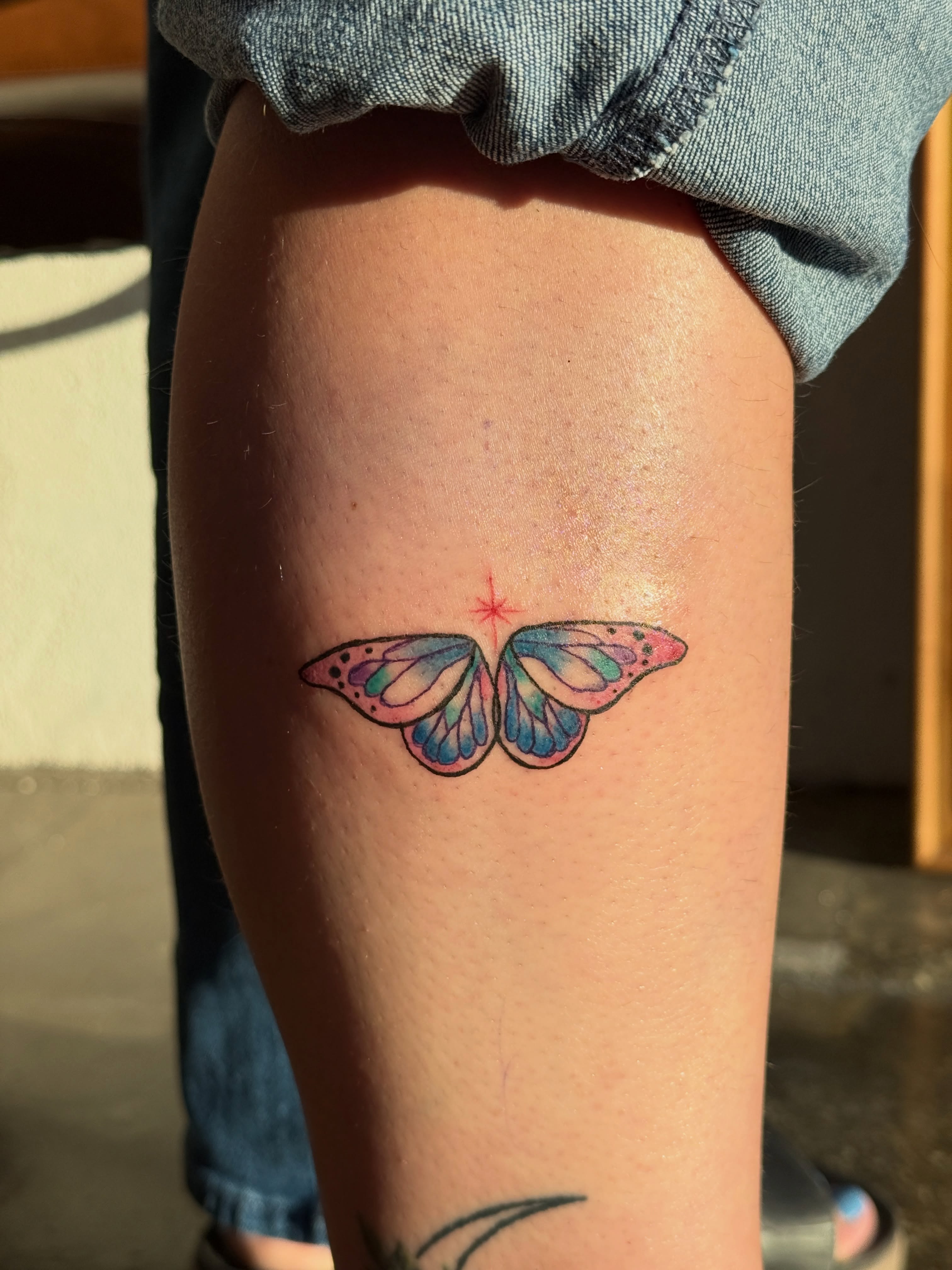 Butterfly dotwork tattoo on the thigh by nova ♡ˎˊ˗ tattoo apprentice