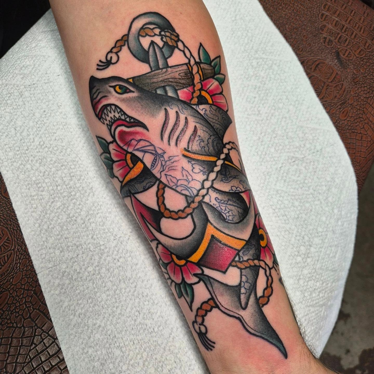 Shark and anchor American traditional tattoo on the forearm by Taylor Popkins