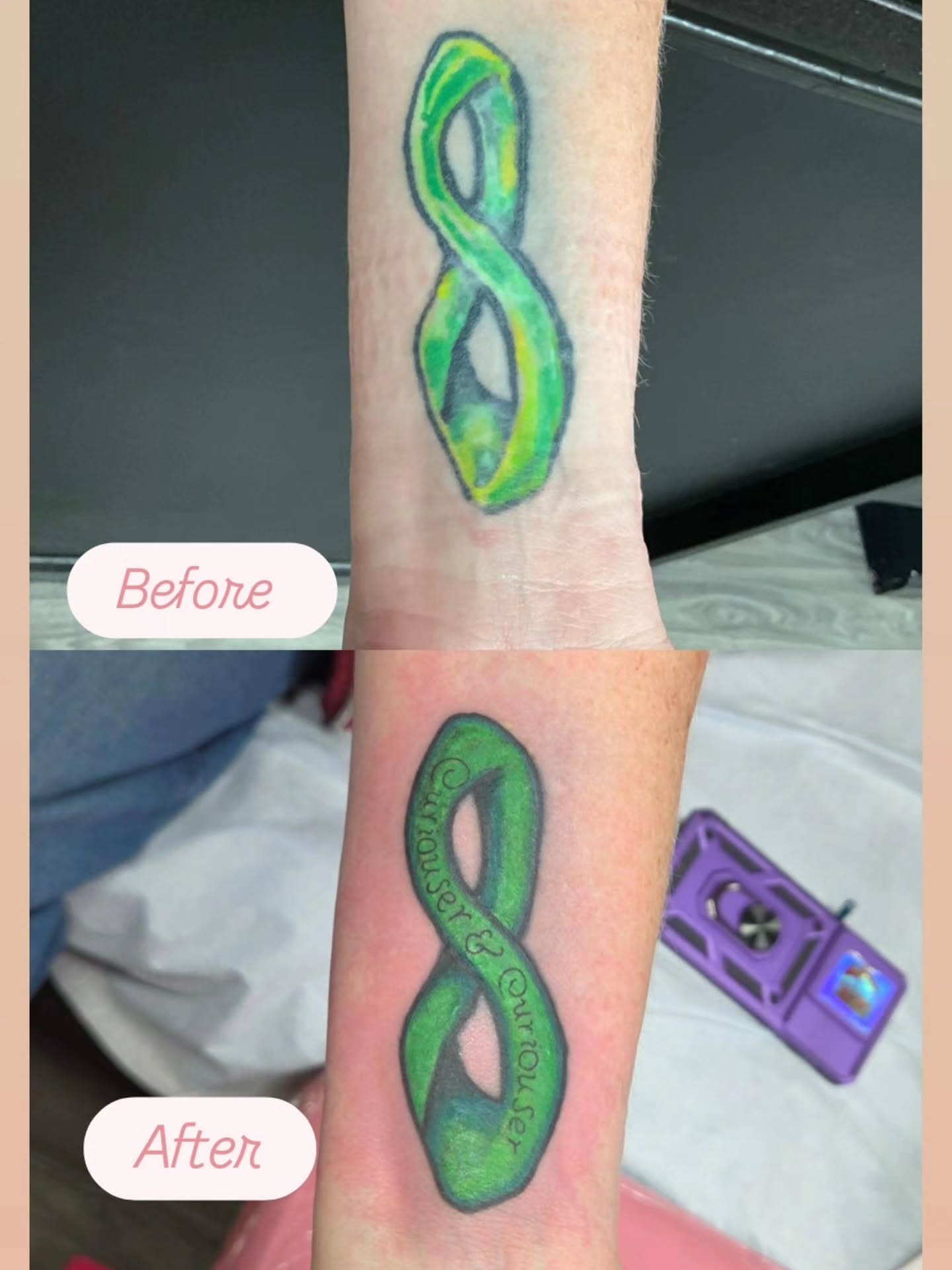 Infinity symbol watercolor tattoo on the forearm by Jessica Duggan