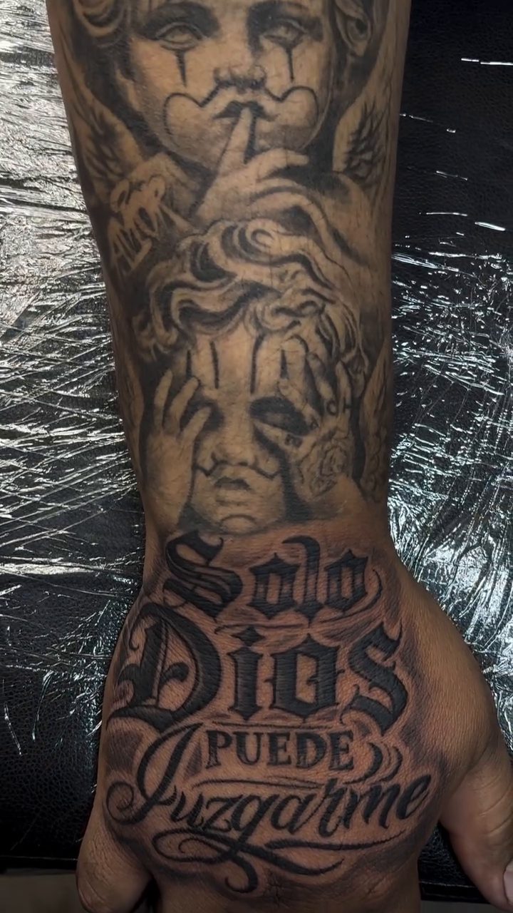 Tattoo by @forevergoldenstudios — lettering_script, chicano