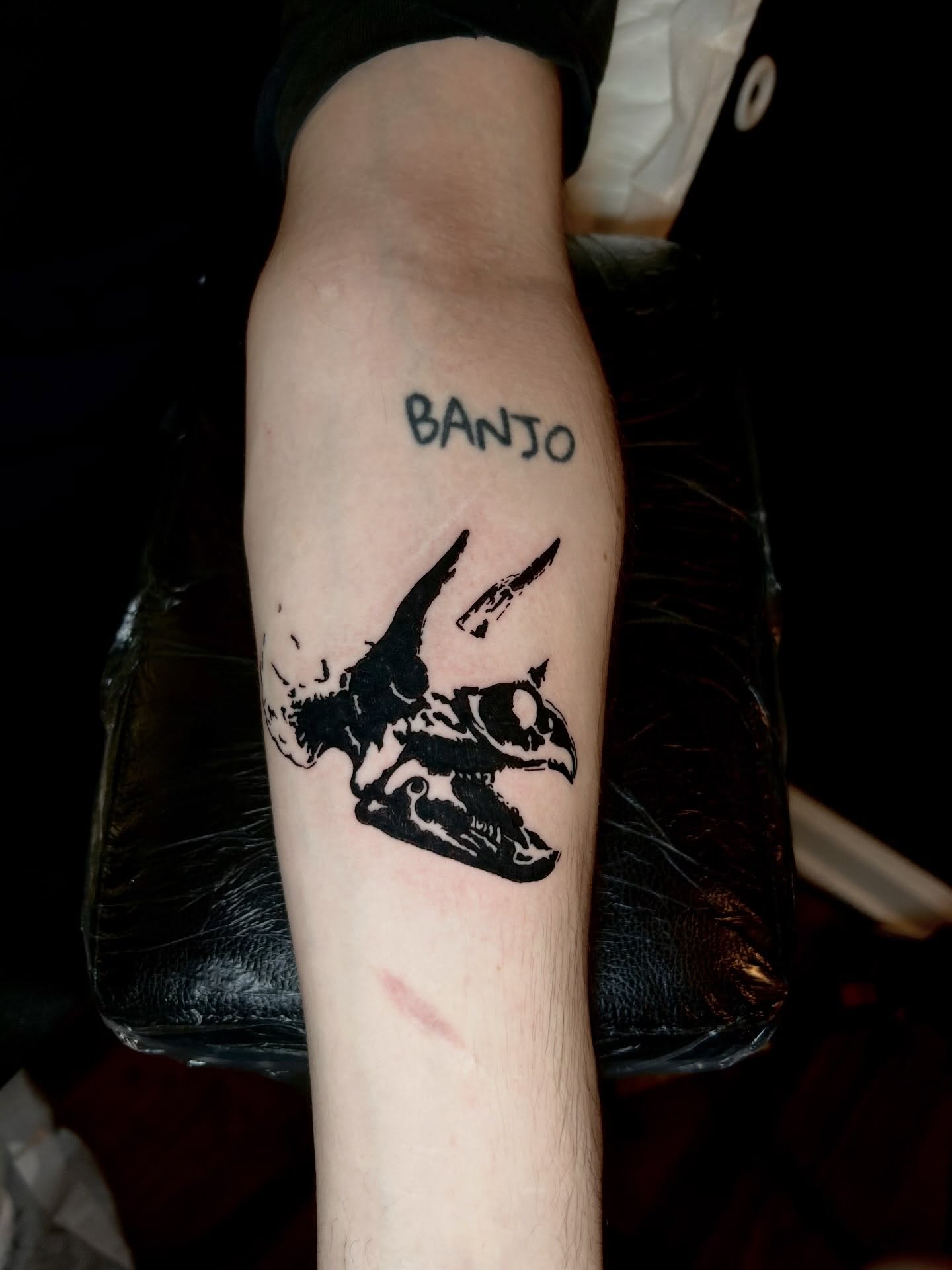 Skull and banjo black and grey tattoo on the forearm by KB