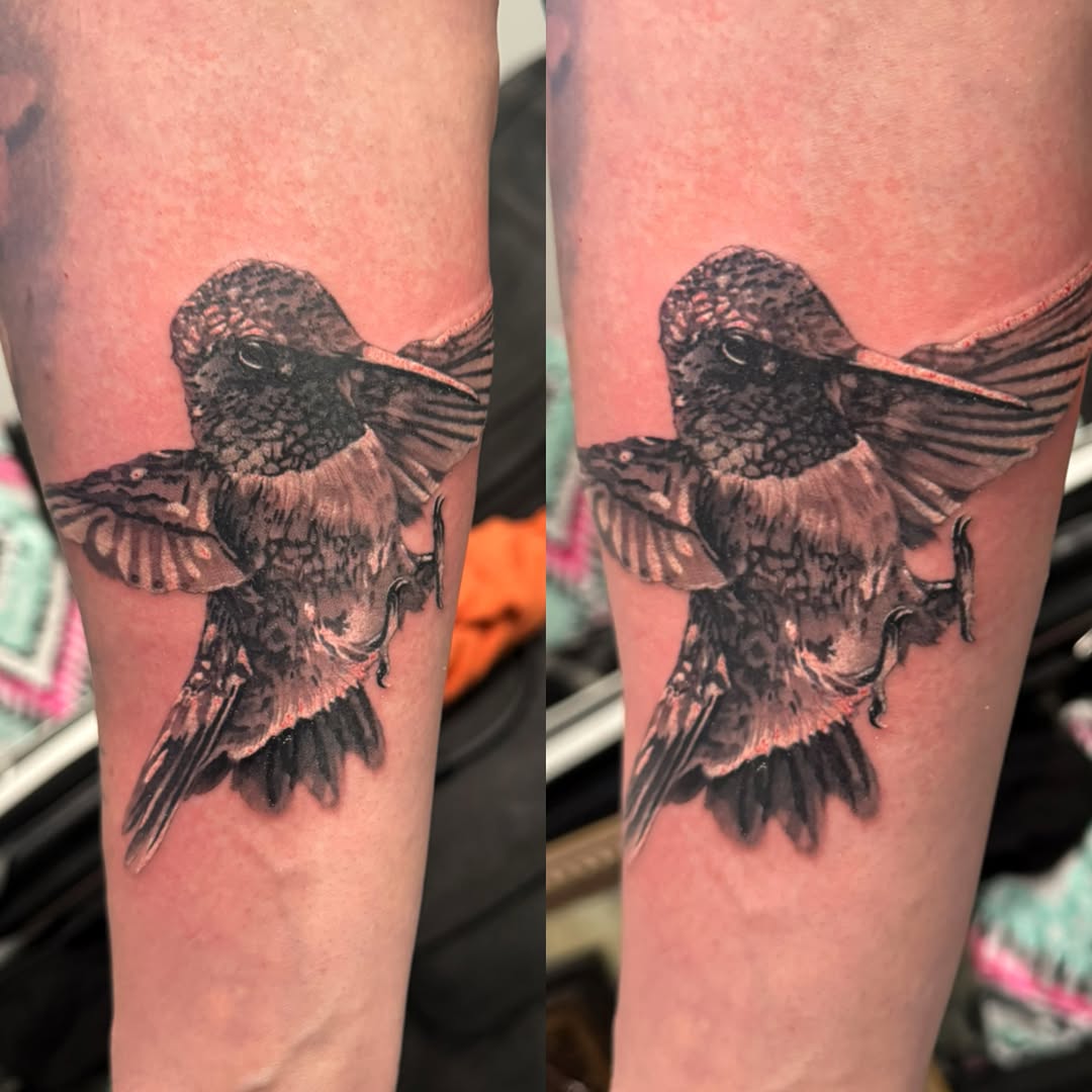 Hummingbird realism tattoo on the forearm by marcus labonne