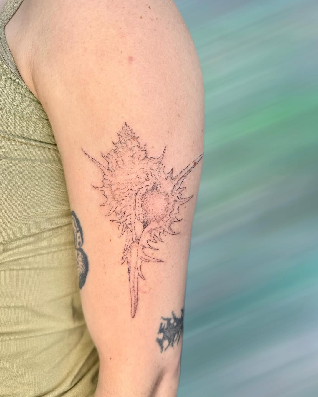 Seashell fine line tattoo on the forearm by GG ๐ธ