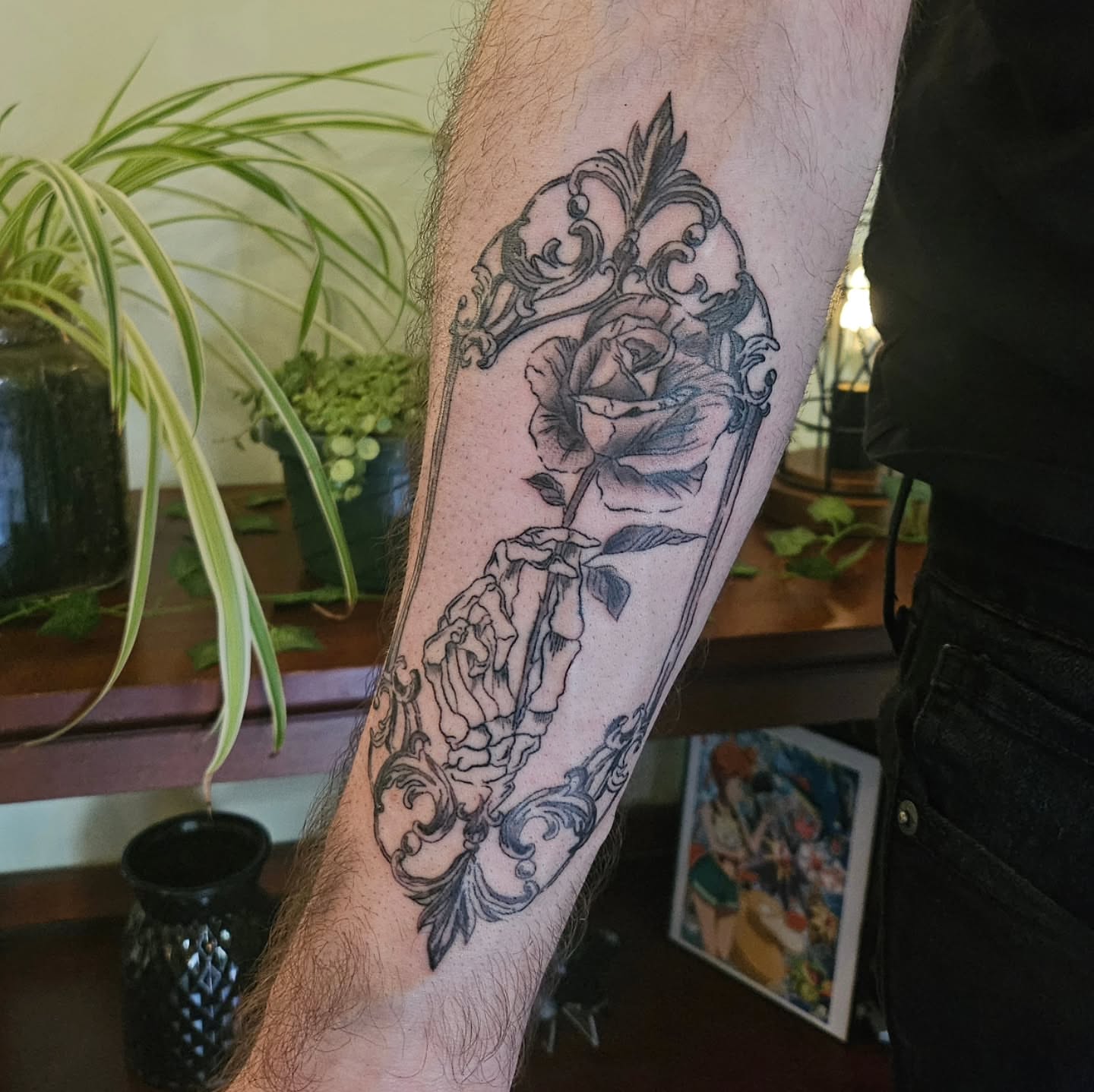 Rose and ornate frame ornamental tattoo on the forearm by ݁˖