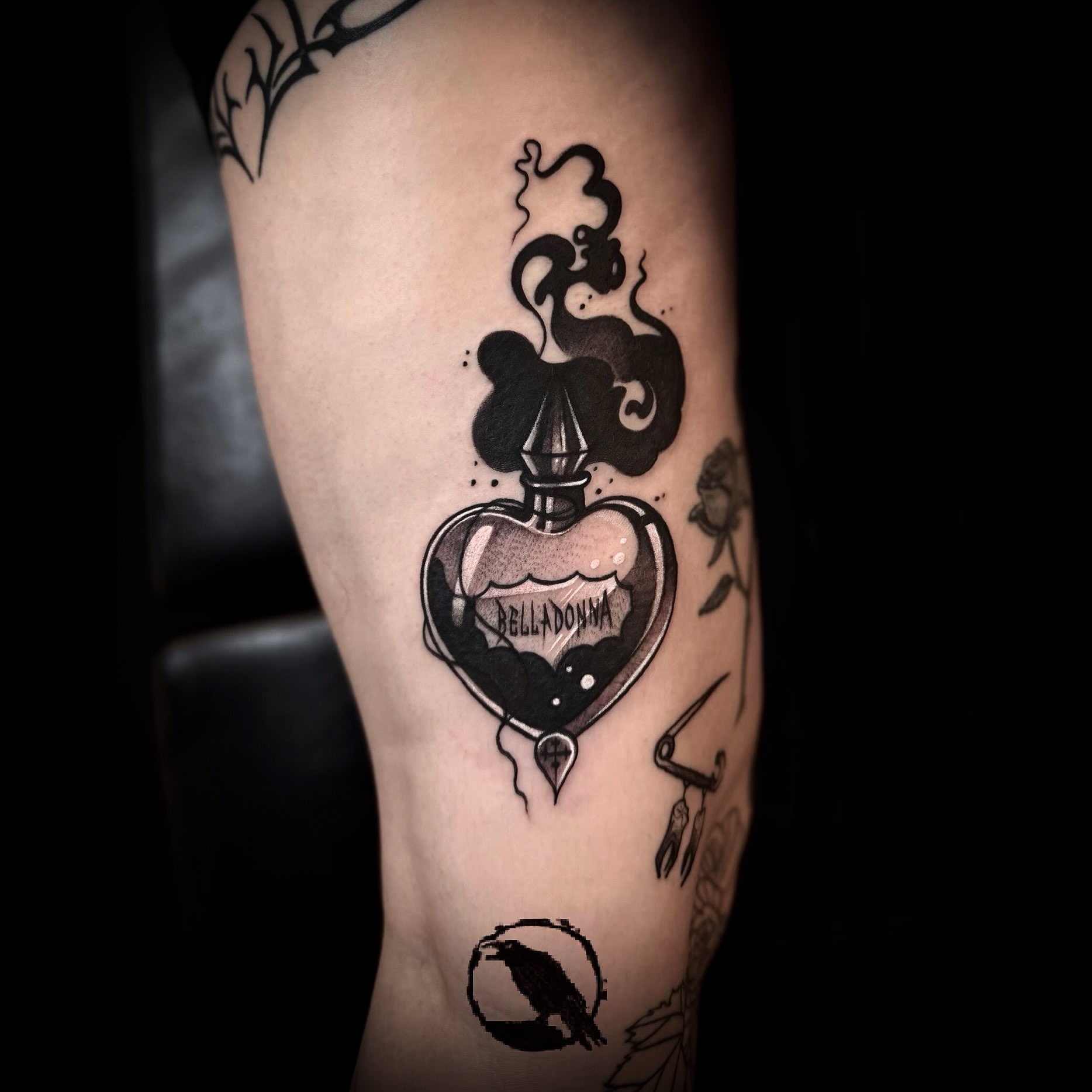 Belladonna poison bottle black and grey tattoo on the forearm by 𝕽𝖎𝖌𝖊𝖗𝖘 𝕳𝖆𝖒𝖟𝖆, San Francisco, California