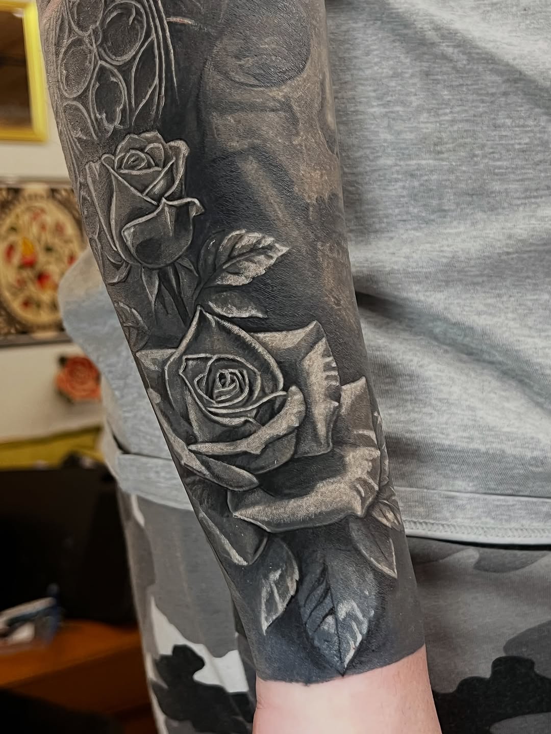 Roses dotwork tattoo on the forearm by Levi Cox, Powell, Ohio