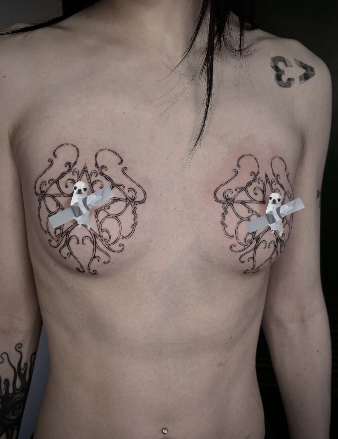 Skulls and swirls black and grey tattoo on the chest by Silvia :)