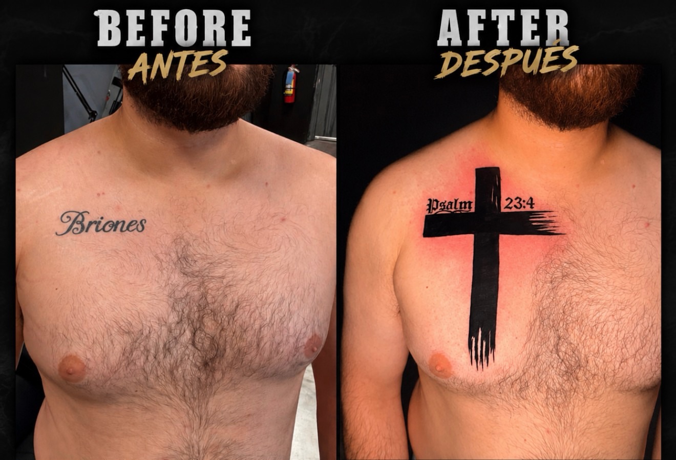 Cross black and grey tattoo on the chest by Junior Sanchez Dfw