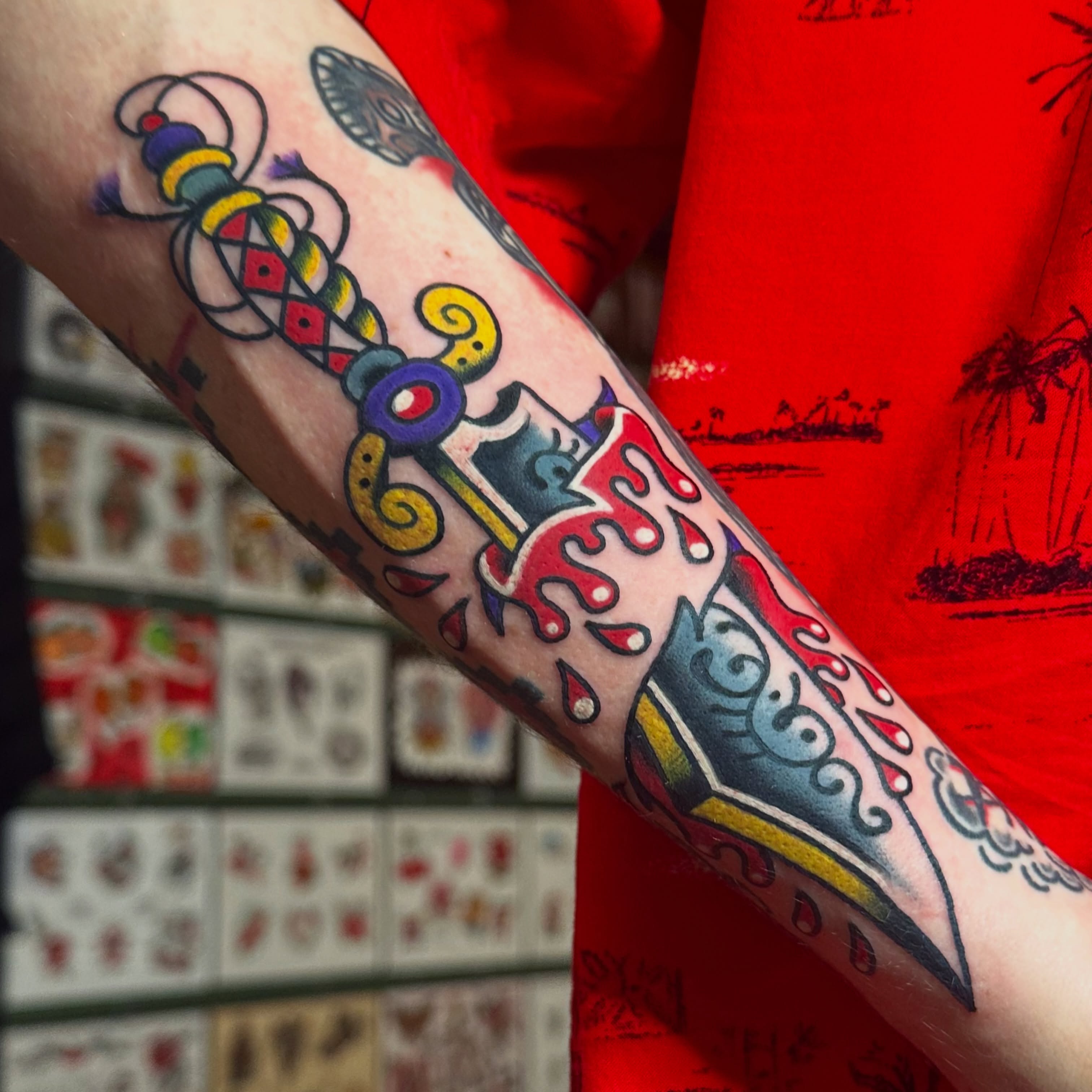 Sword and shield American traditional tattoo on the forearm by Kiki Painmaker Trad Tattooer 🧨