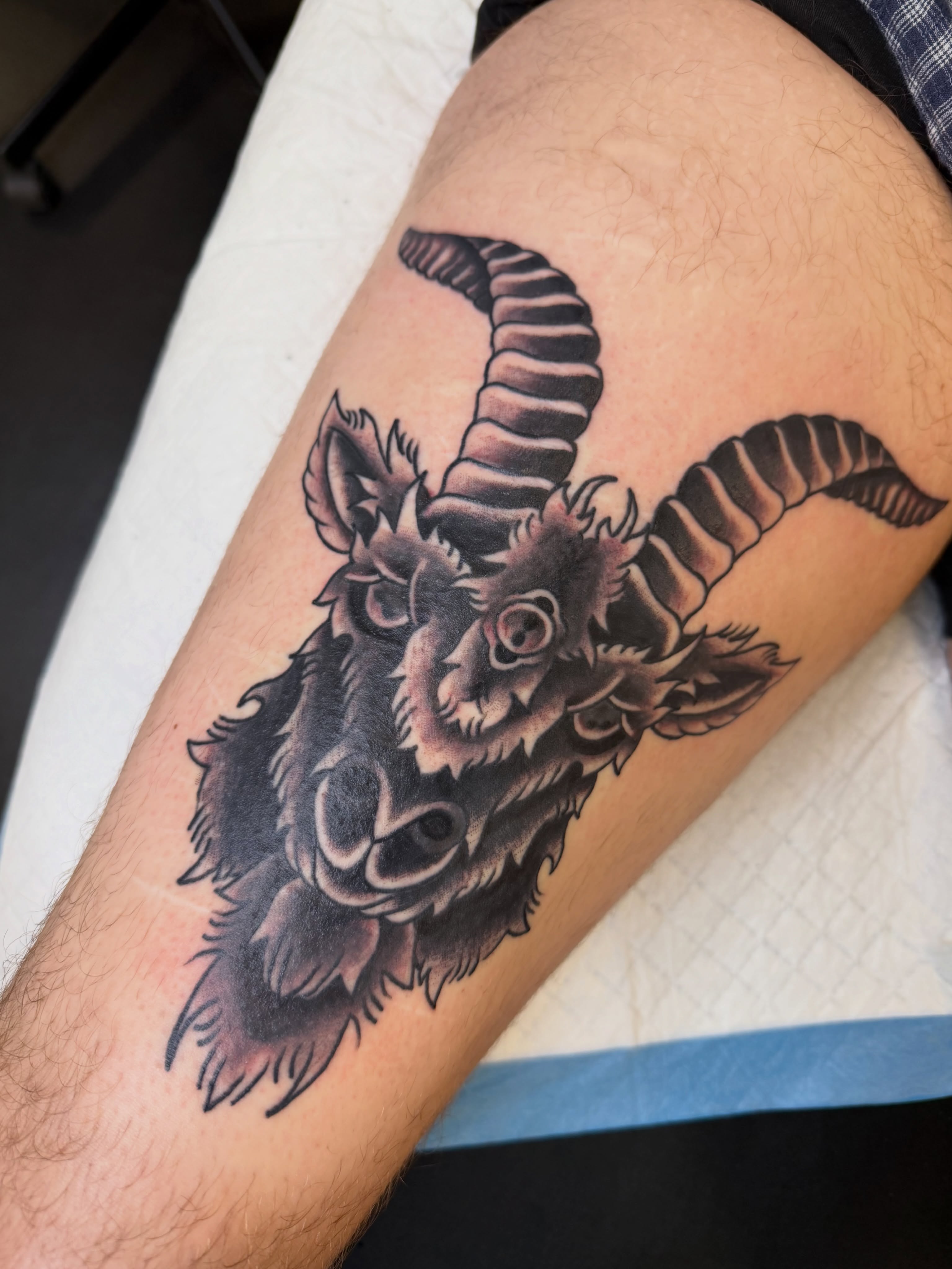 Goat head black and grey tattoo on the thigh by Nick Tumminello