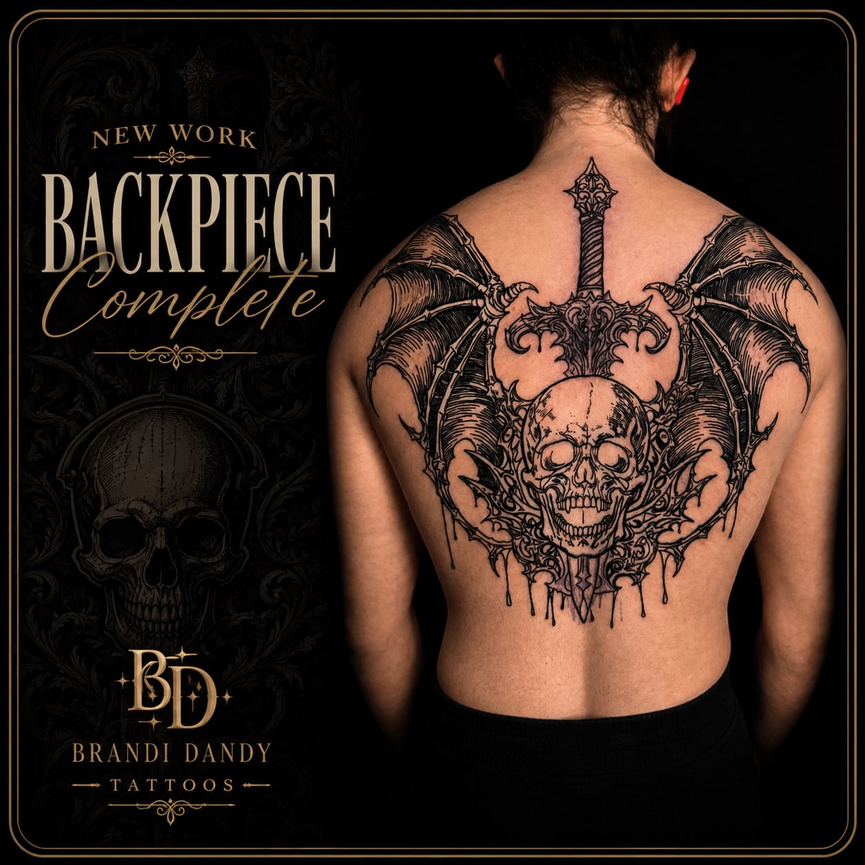 Skull and bat wings dark realism tattoo on the back by Brandiane Wells