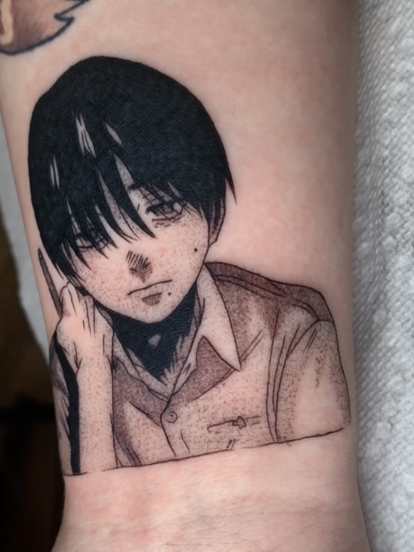 Tattoo by @maddiegtattoos — dotwork, anime