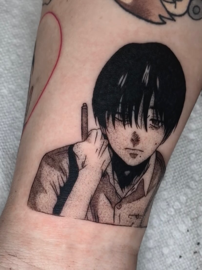Levi ackerman anime tattoo on the forearm by Maddie Rees