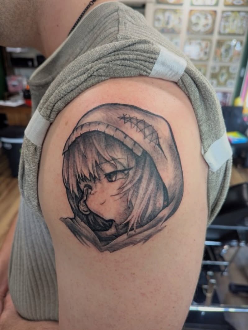 Tattoo by @skiesafiretattoo — anime, black_and_grey