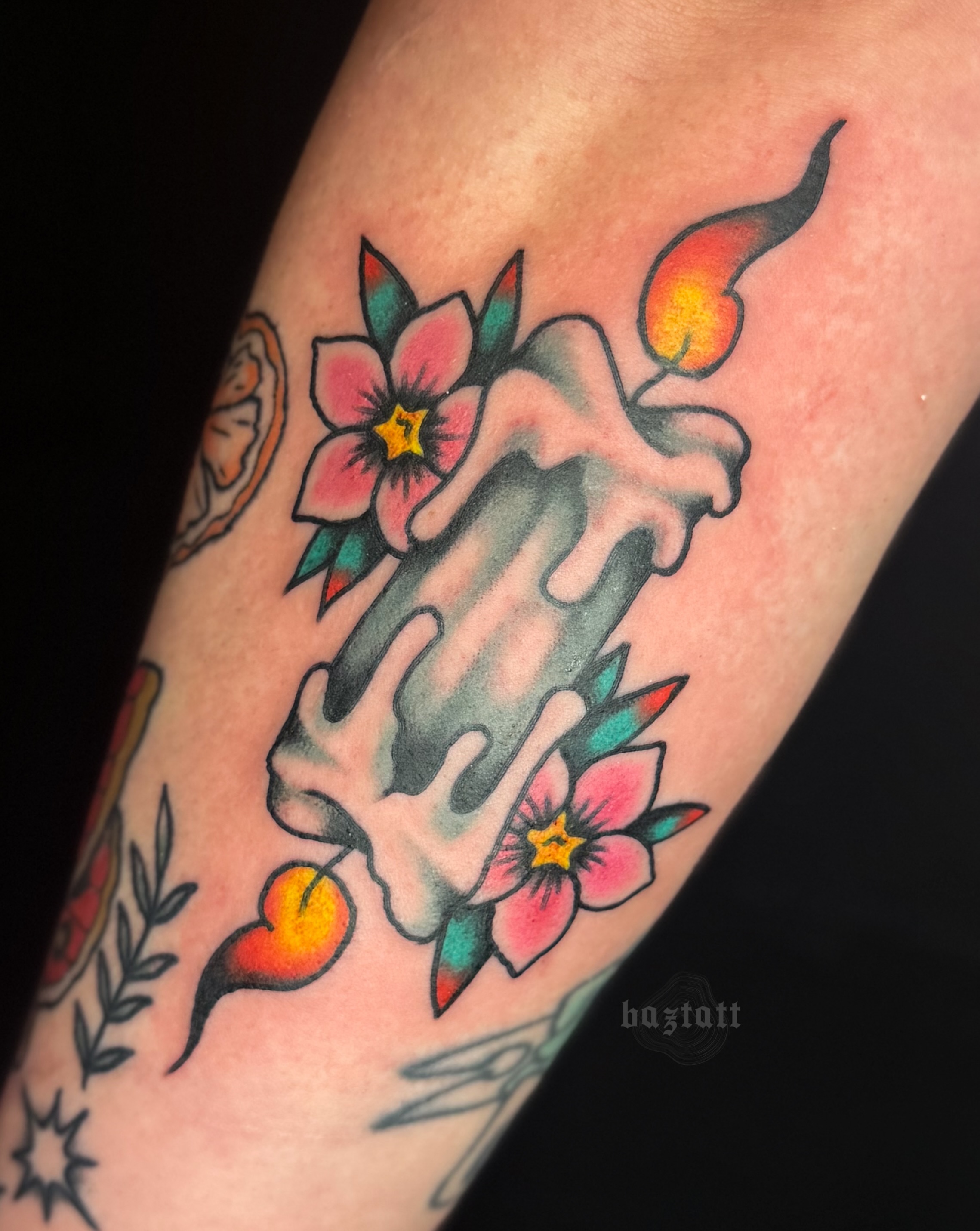 Candle and flowers American traditional tattoo on the forearm by bri allura ✿ tattoo artist  ✿ cleveland, oh