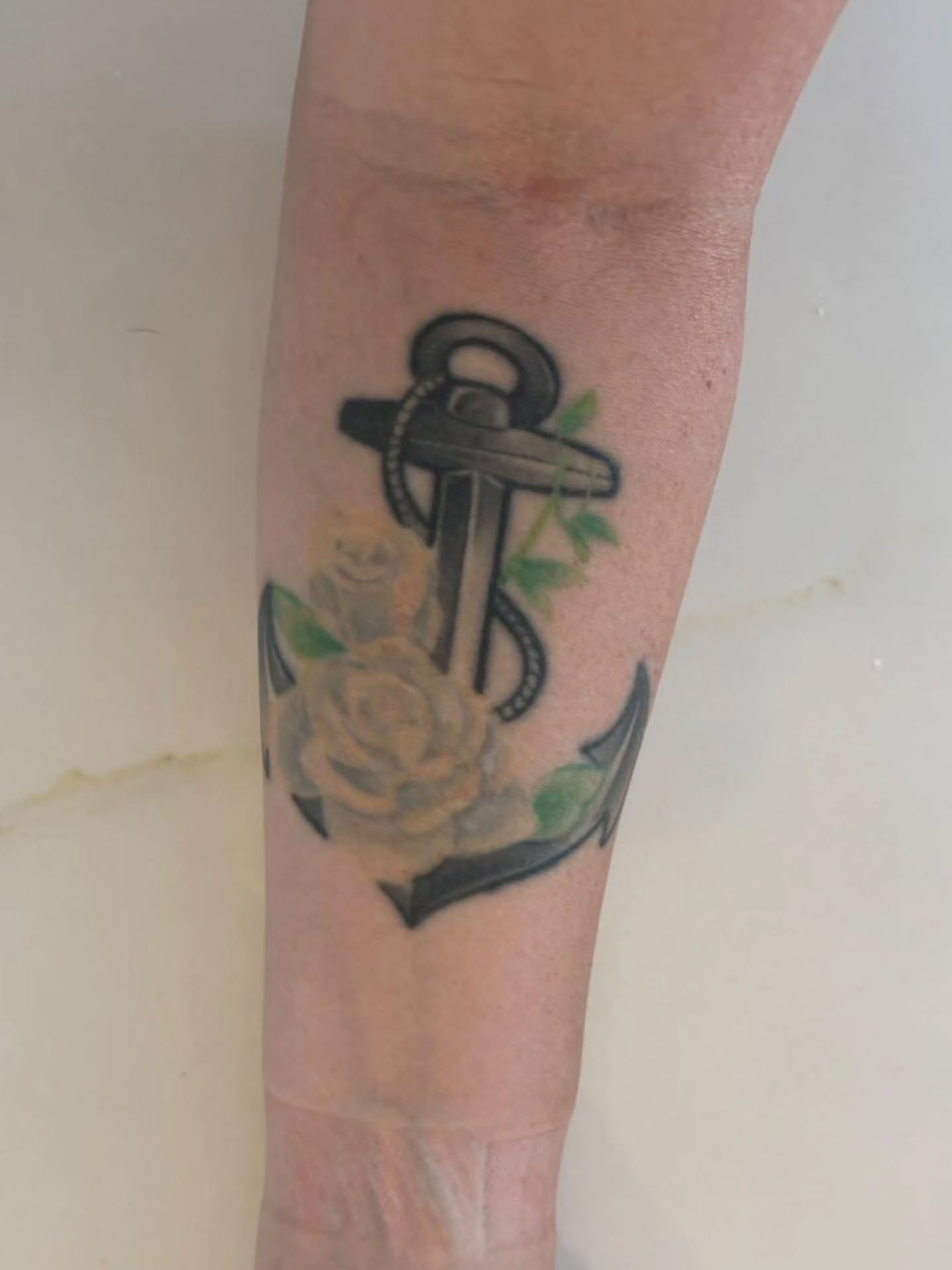 Anchor with roses black and grey tattoo on the forearm by Meggalodon 🖤 (Meggan Rose)