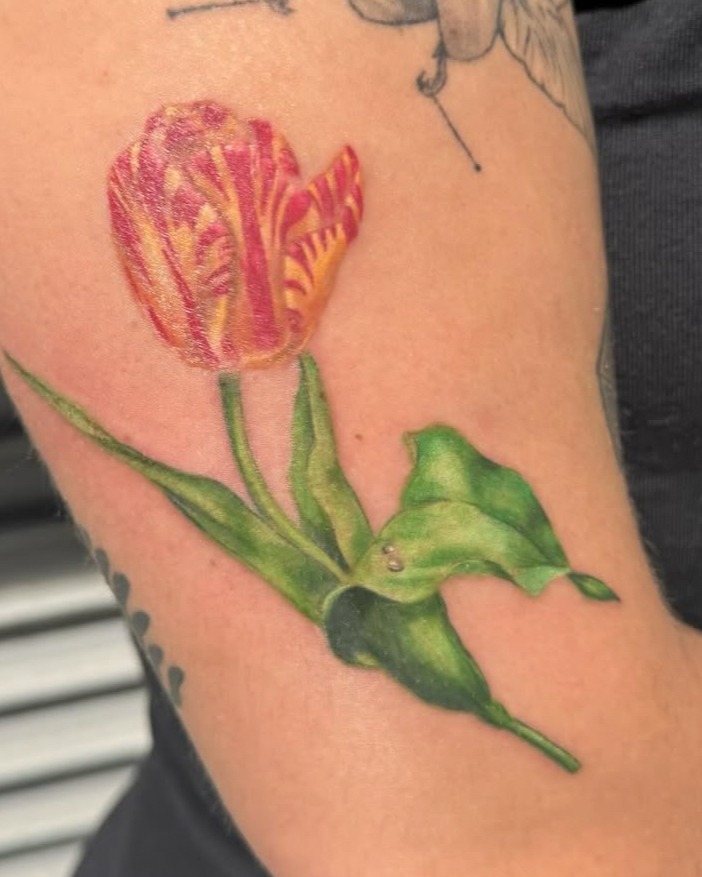 Tulip flower neo-traditional tattoo on the forearm by Enda 🧚🏻‍♀️