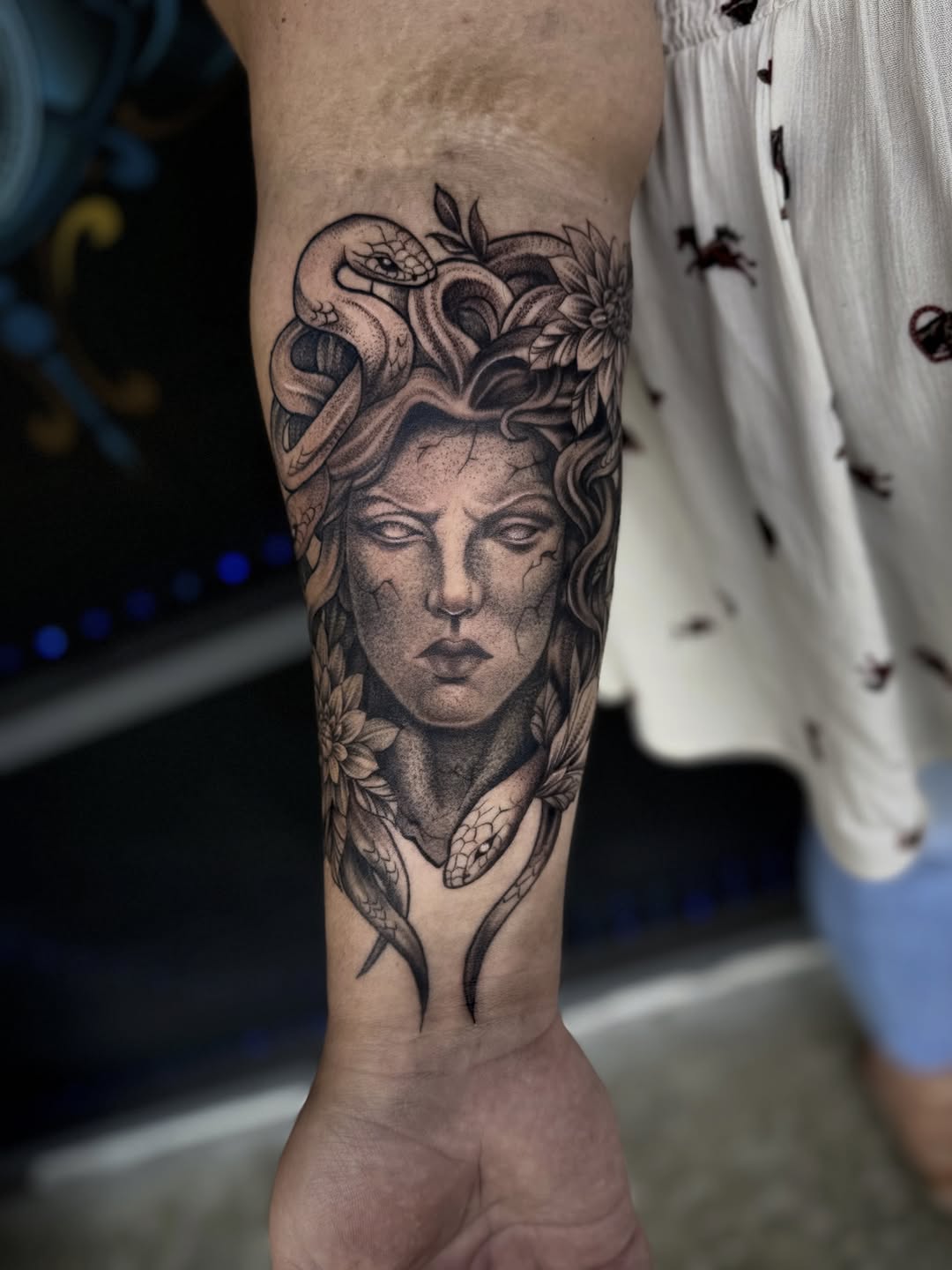 Medusa portrait with snakes realism tattoo on the forearm by Monica Gonzalez