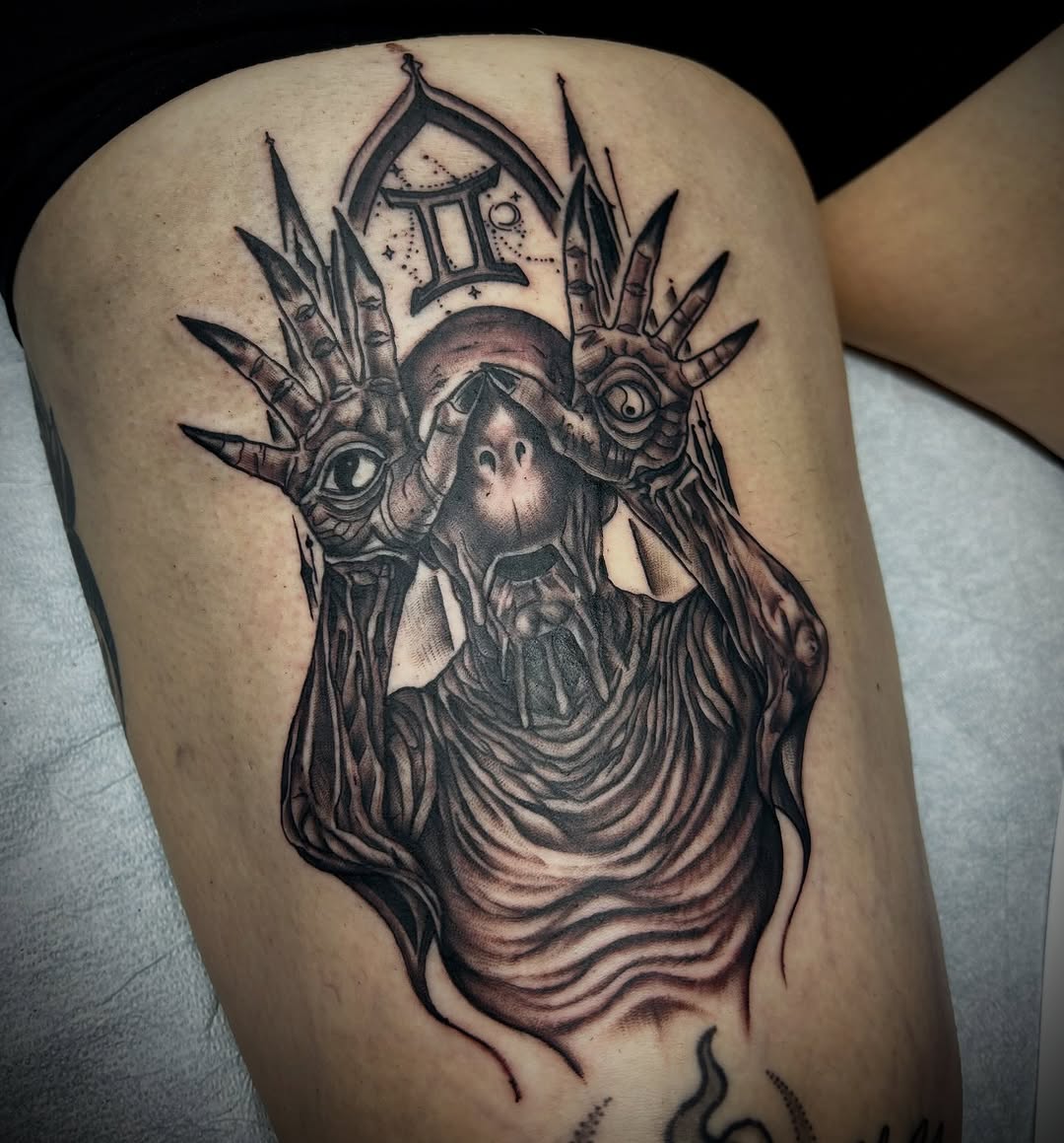 Tattoo by @peightonflash_tattoos — dark_realism, black_and_grey