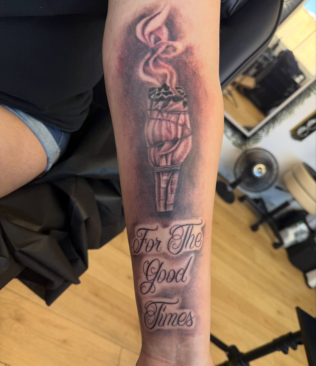 Tattoo by @faith_tat2 — black_and_grey, lettering_script