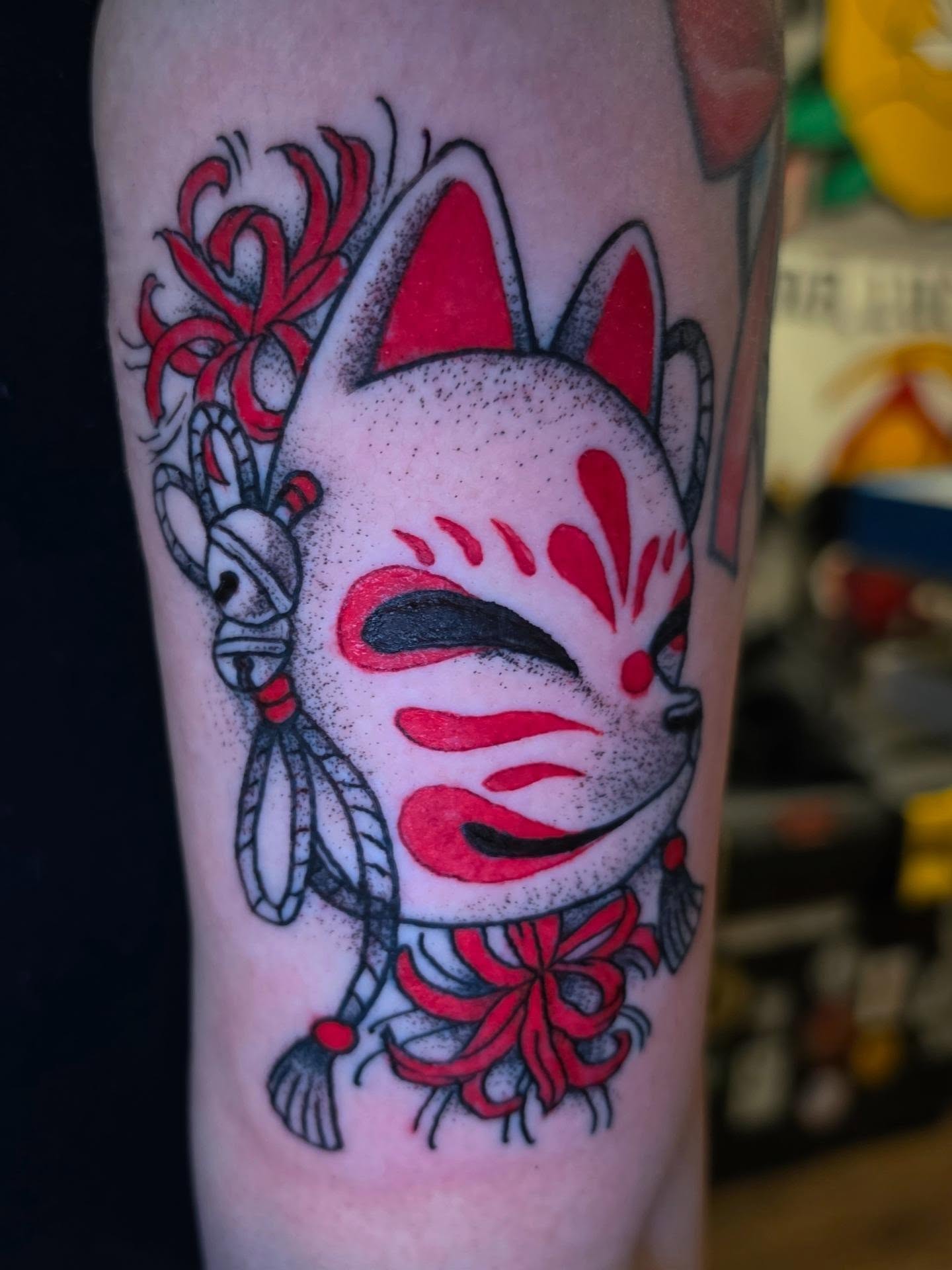 Fox mask dotwork tattoo on the forearm by Oliver Ⴟ Graves