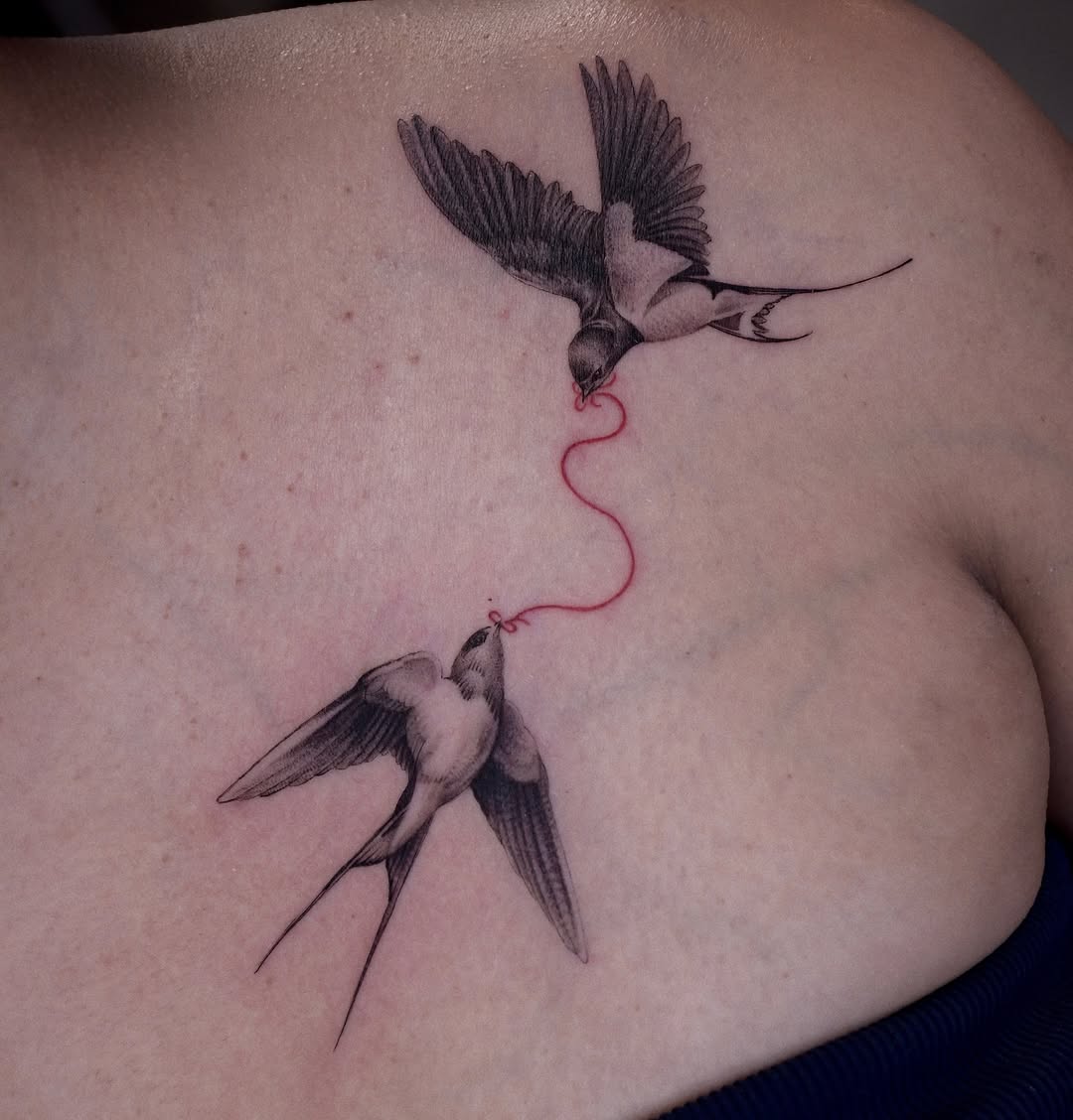 Two swallows with red string fine line tattoo on the back by Gary Zhong, Upland, California