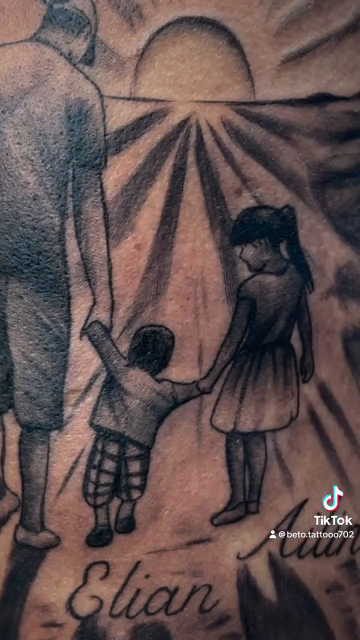 Family walking towards the sun fine line tattoo on the upper arm by Betotats